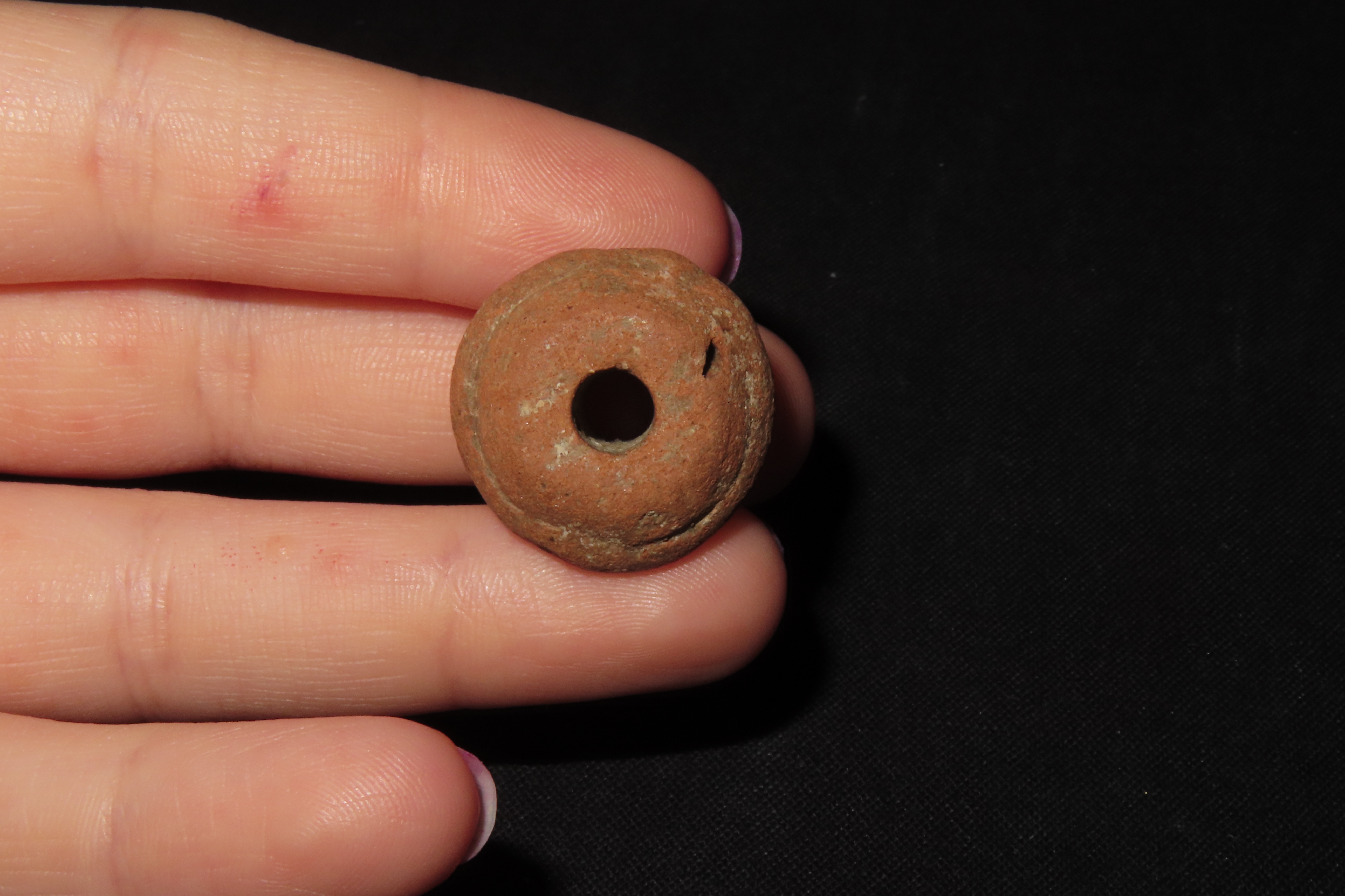 Engraved Pre-Columbian Effigy Clay Bead, Nicely Deigned Example. Mexico.