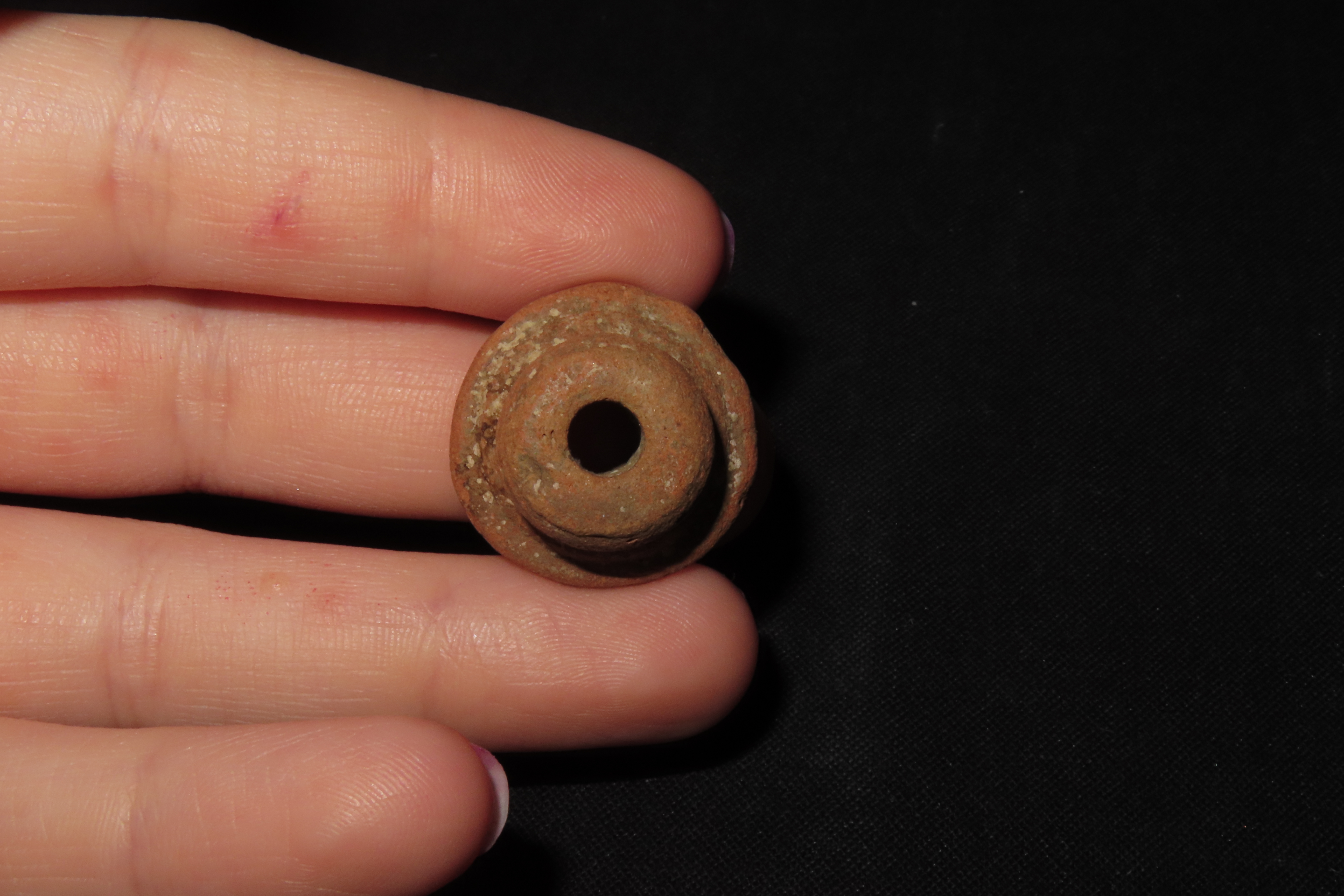 Engraved Pre-Columbian Effigy Clay Bead, Nicely Deigned Example. Mexico.