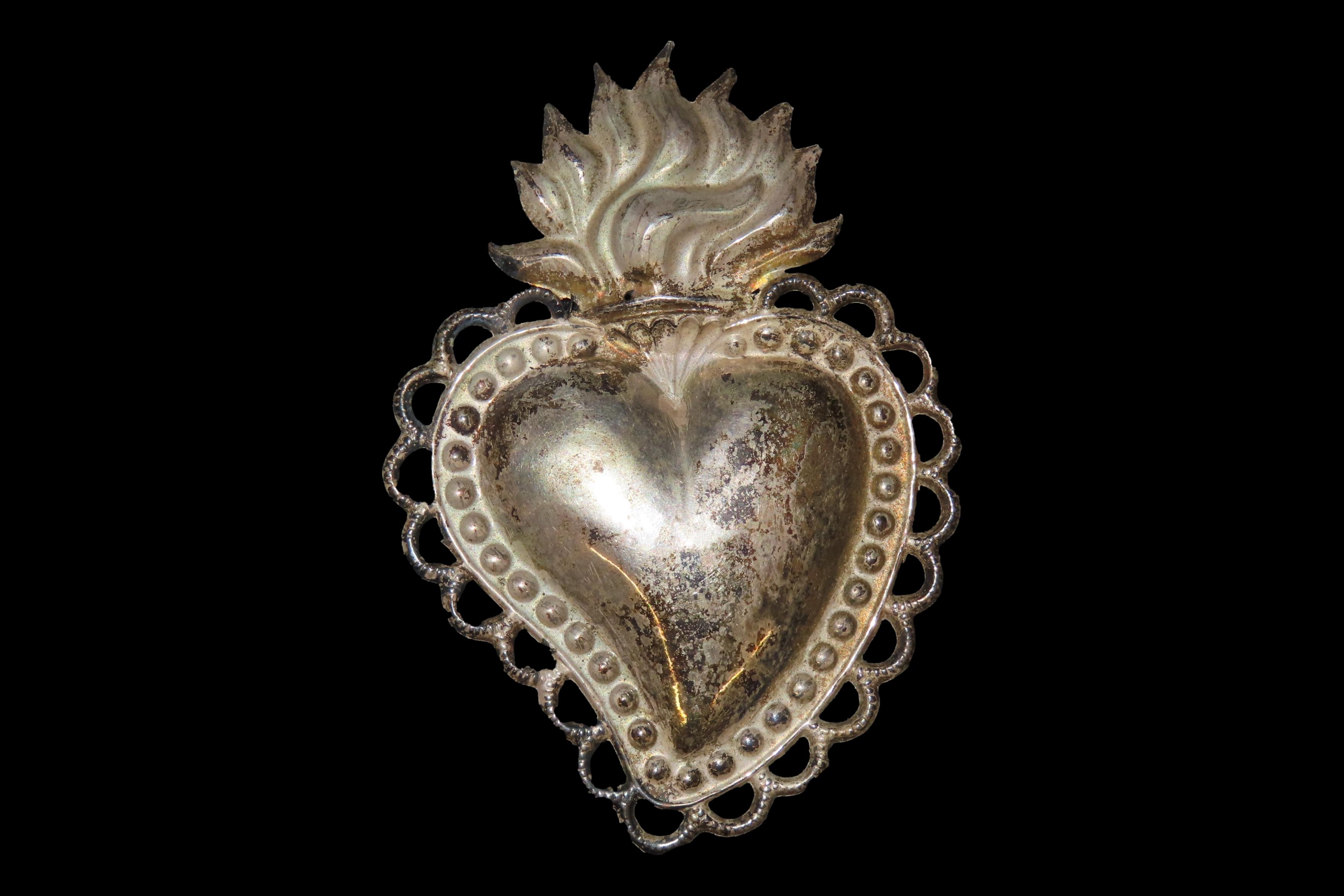3 7/8" Vintage 1800's Silver Ex Voto Milagro Pendant. Colonial Era Religeous Offerings for Well Being, Healing, or Giving Thanks for a Mirac