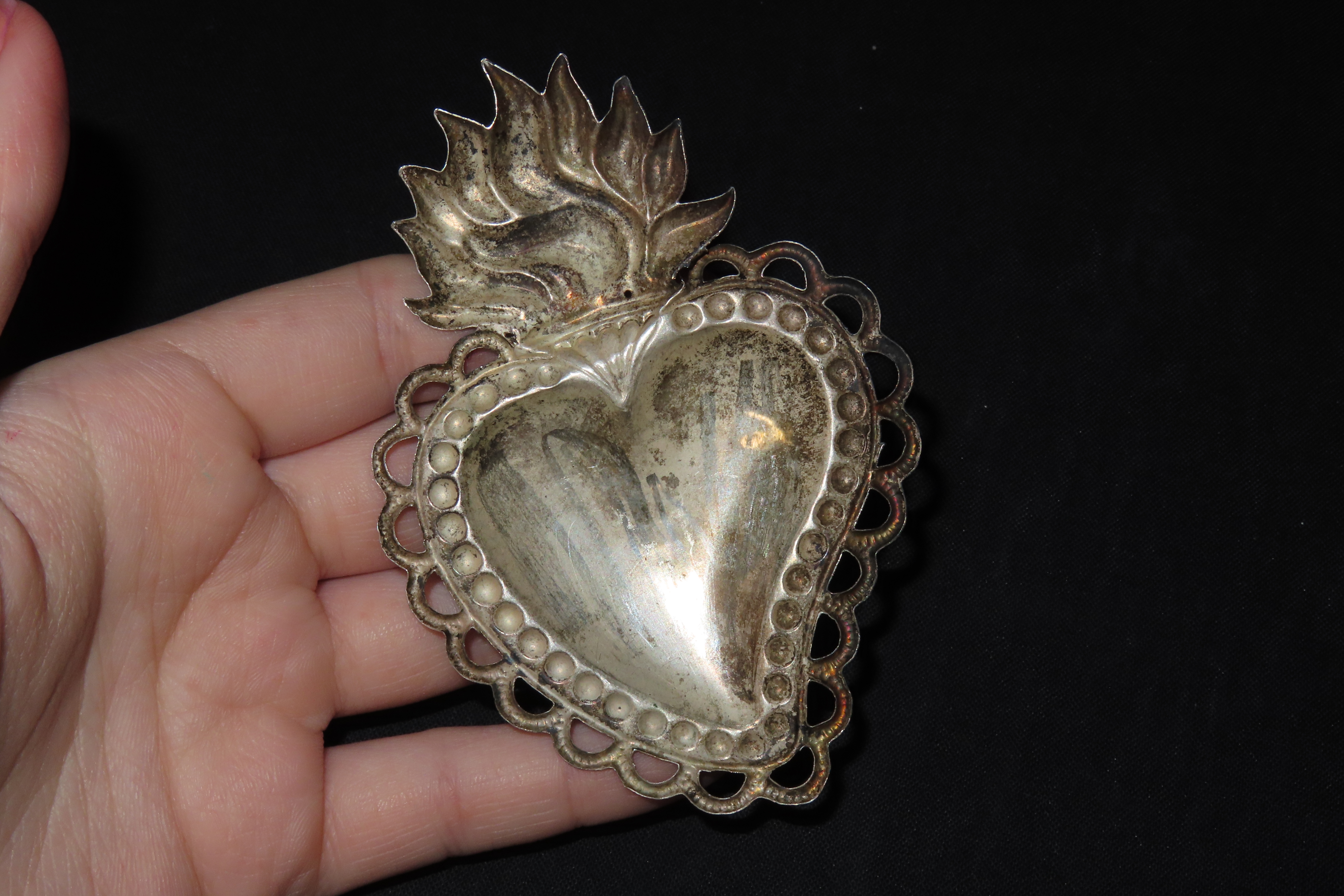 3 7/8" Vintage 1800's Silver Ex Voto Milagro Pendant. Colonial Era Religeous Offerings for Well Being, Healing, or Giving Thanks for a Mirac
