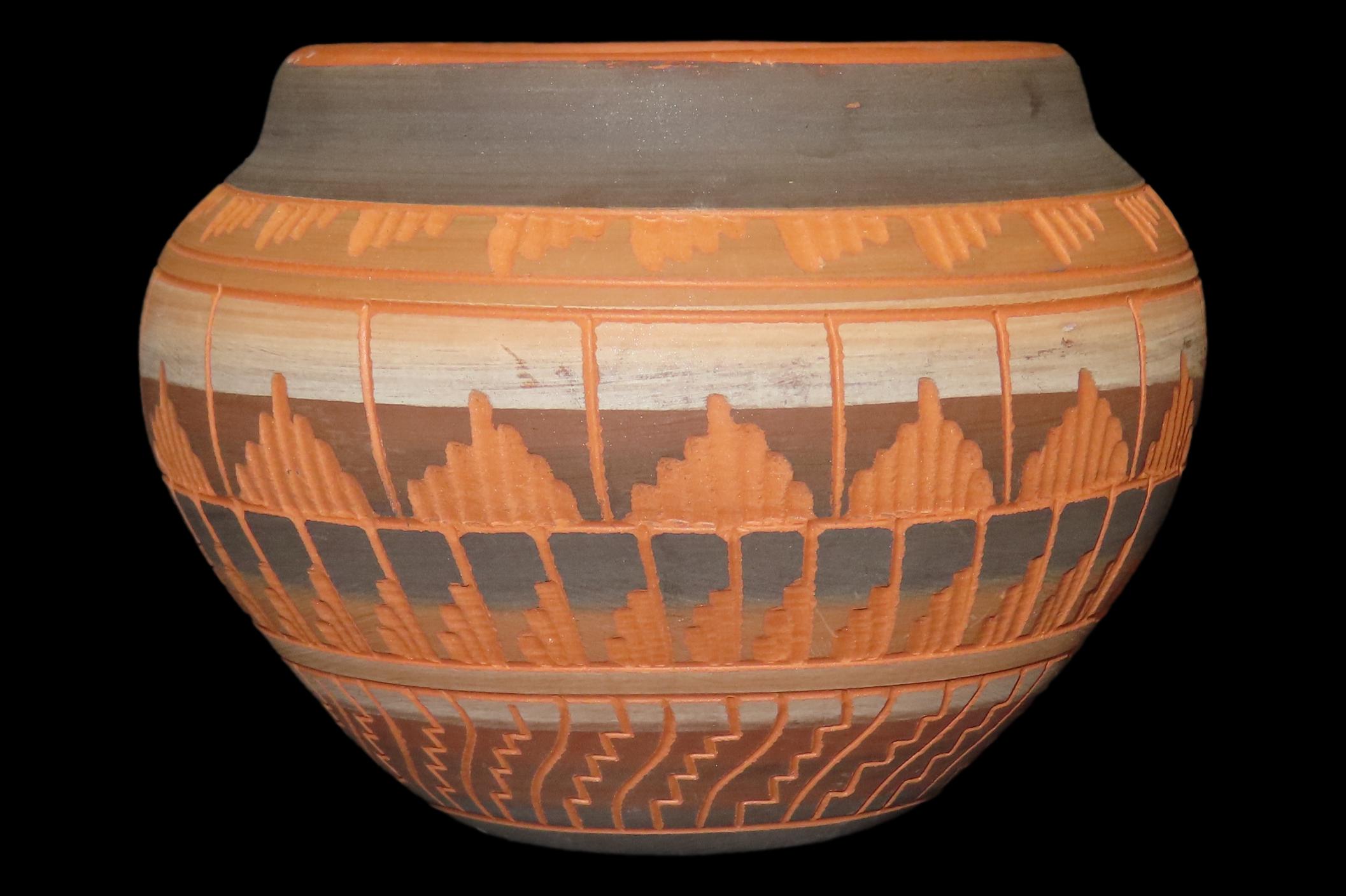 Beautiful Southwest Navajo Indians Pottery Vase / Jar / Bowl. Original Hand Painted / hand Etched Example. Signed on Bottom.