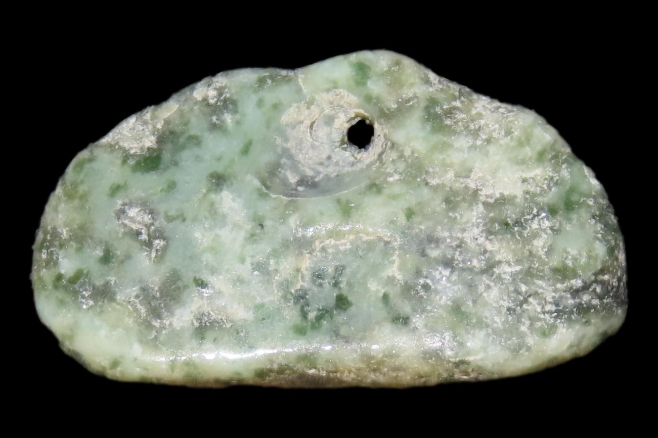 Colorful Highly Polished Pre-Columbian Mezcala Jadeite Bead, Mexico.
