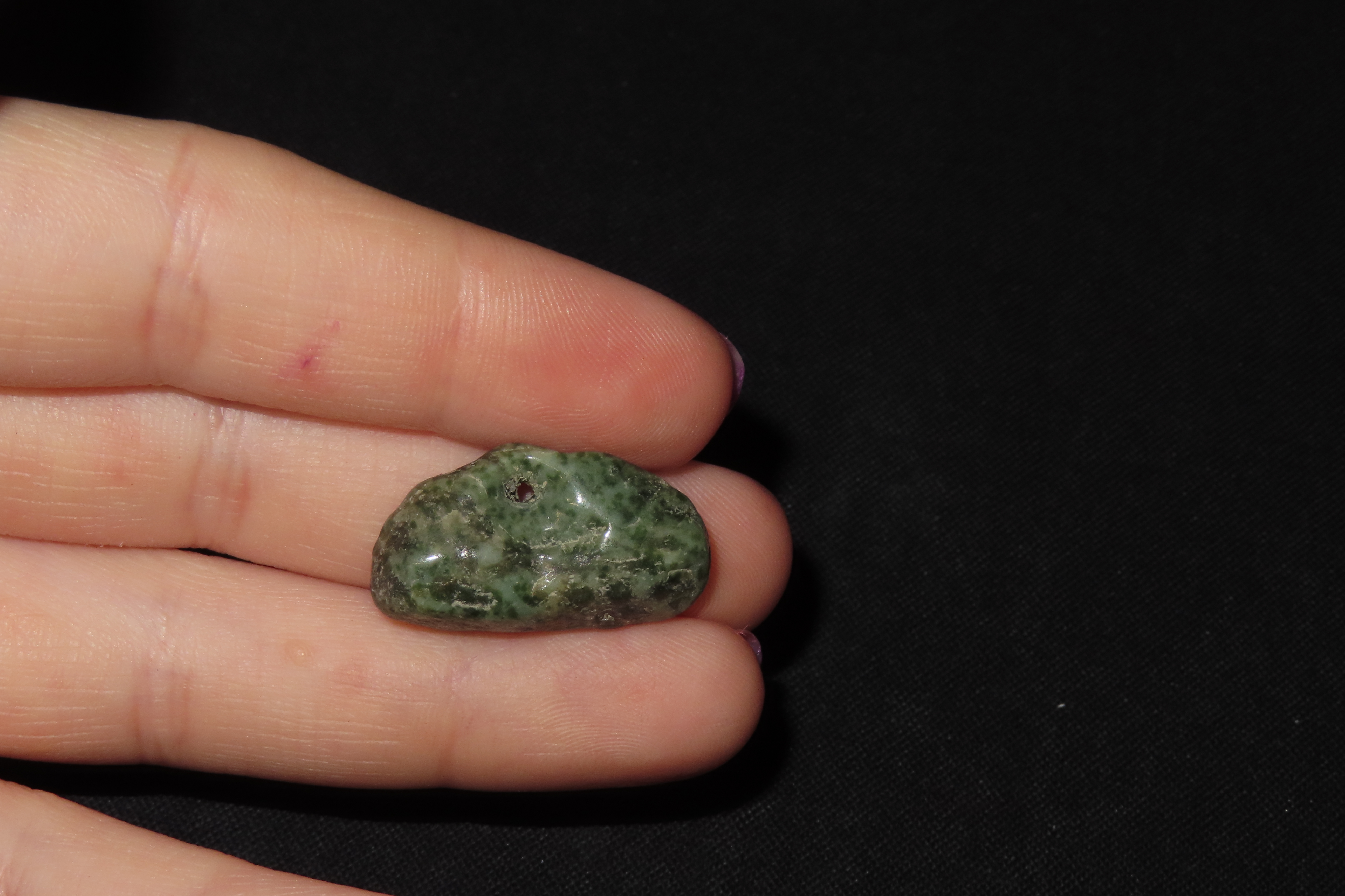 Colorful Highly Polished Pre-Columbian Mezcala Jadeite Bead, Mexico.