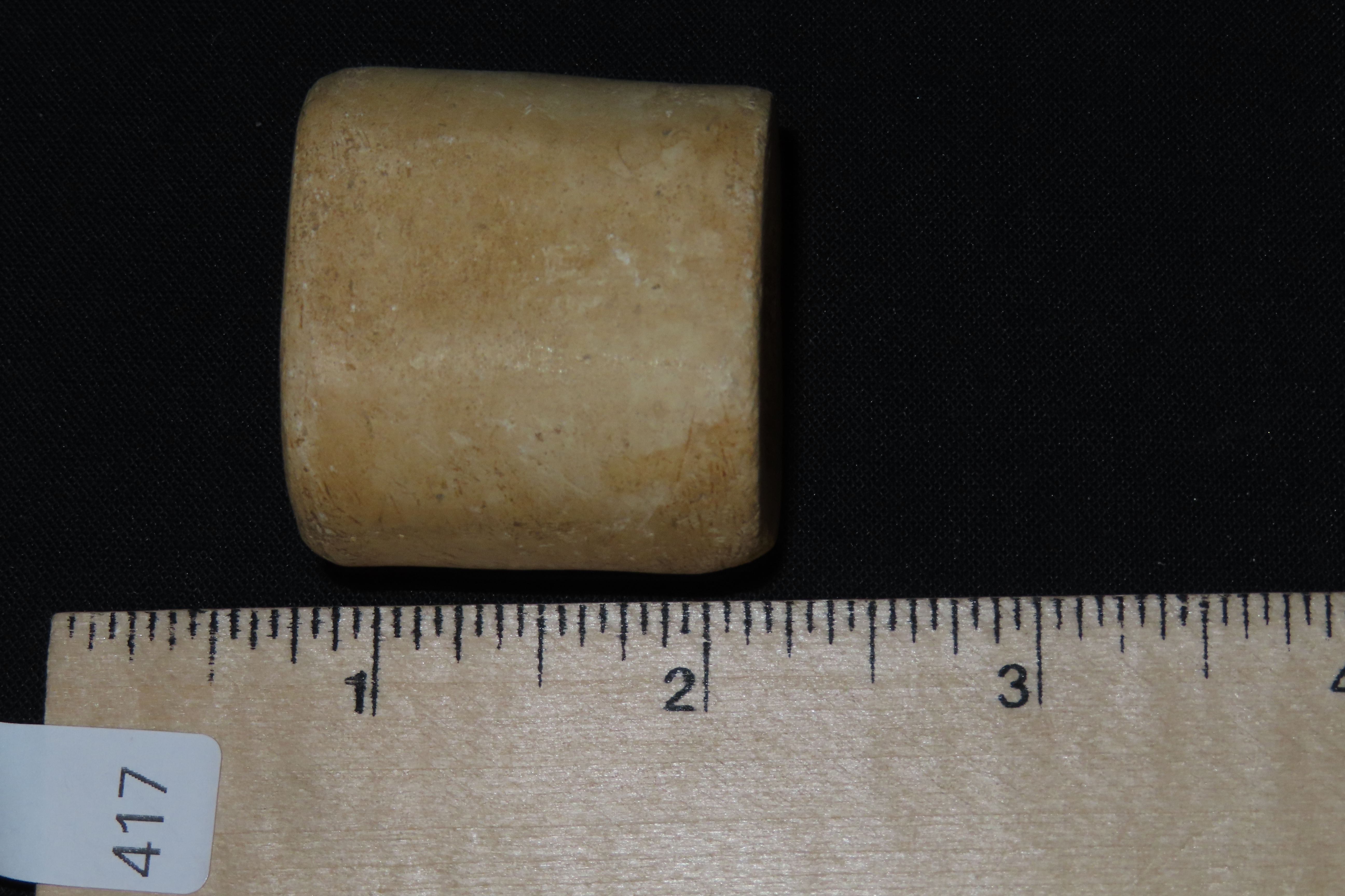 Huge Pre-Columbian Bi-Conically Drilled Stone Barrel Bead, Mexico. About 1 1/2" x 1 1/2". Nicely polished and heavily patinated Limestone.