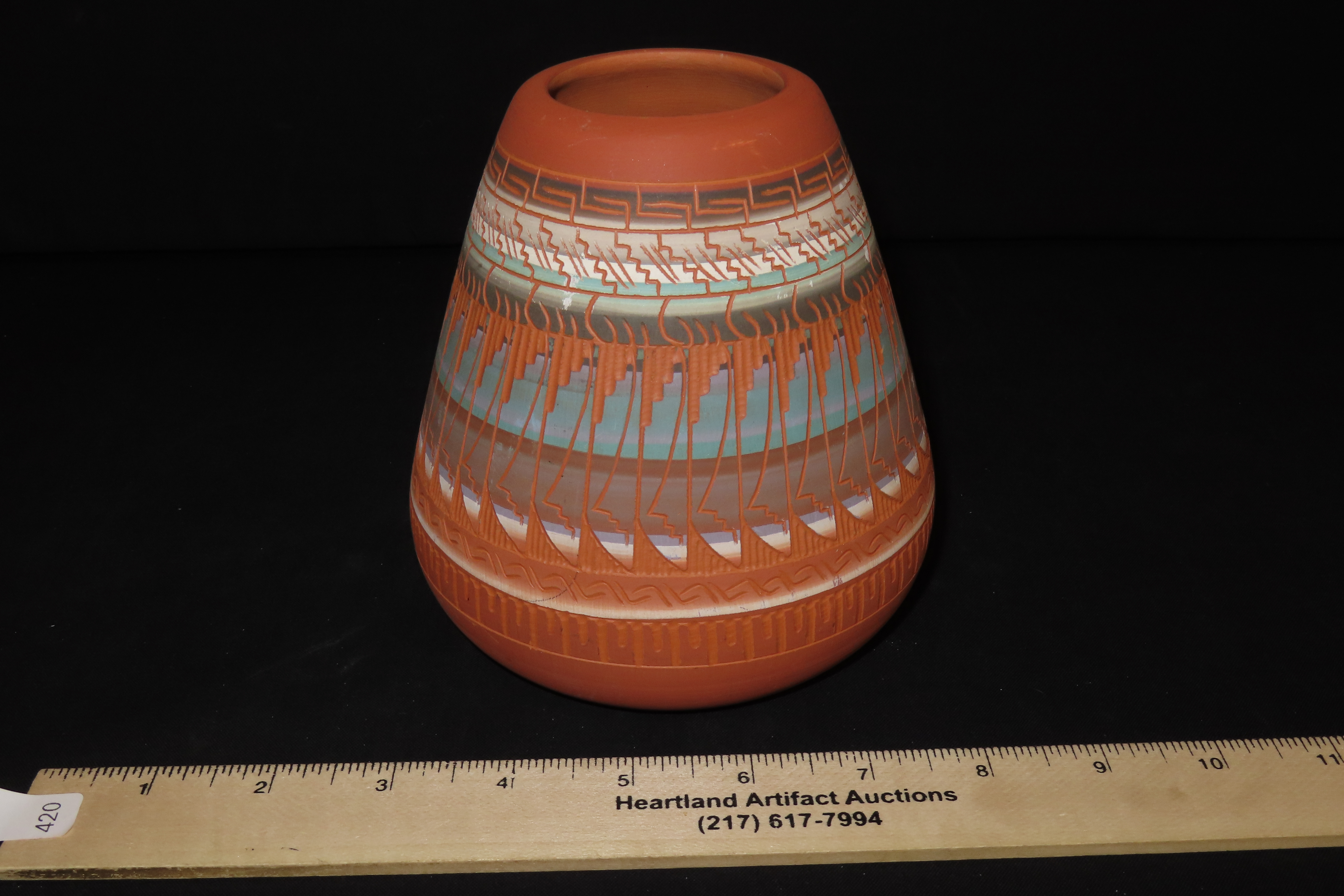 Beautiful Southwest Navajo Indians Pottery Vase / Jar / Bowl. Original Hand Painted / hand Etched Example. Signed on Bottom.