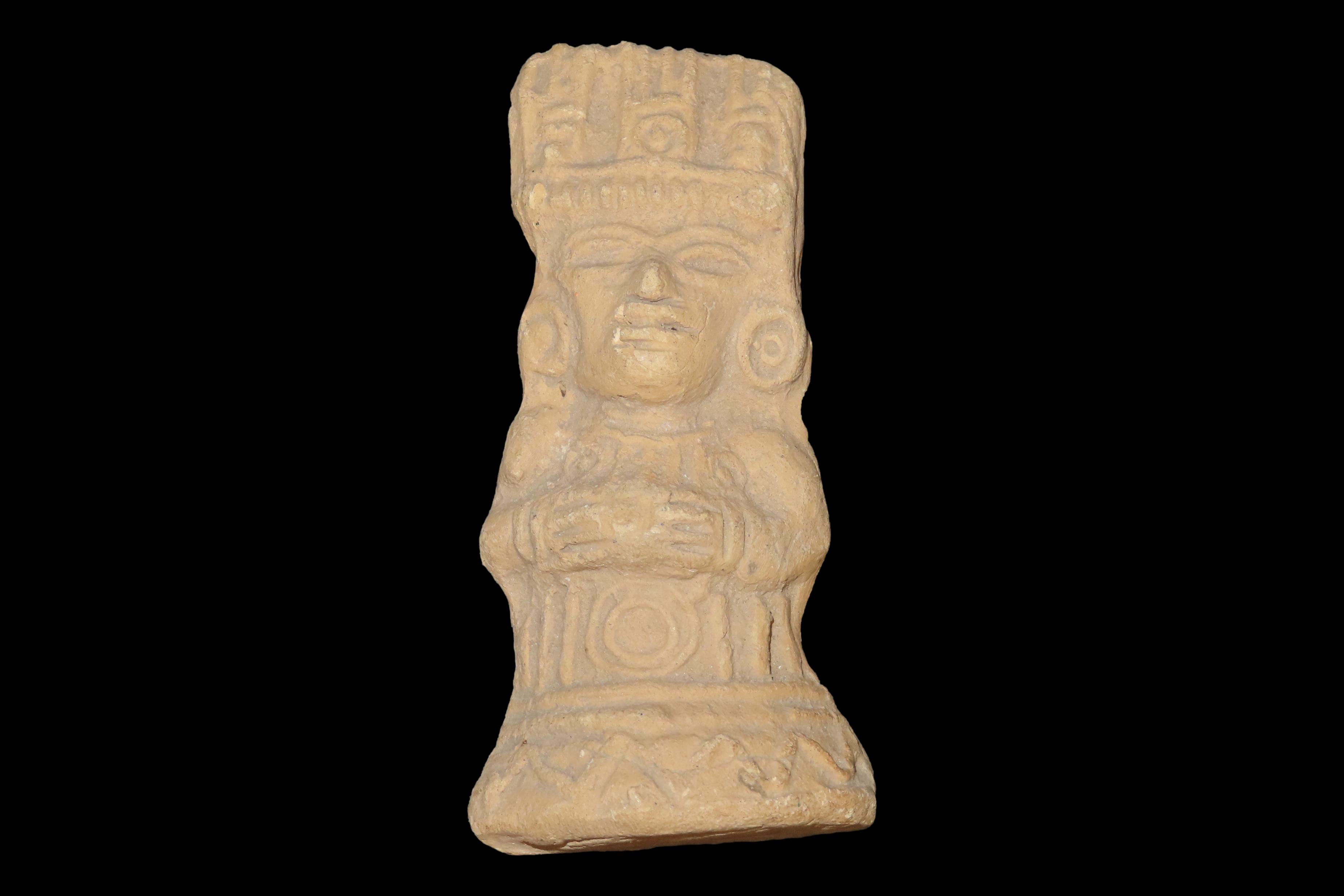 Oustanding 3 3/4" Pre-Columbian Aztec Pottery Human Effigy Figure. Highly detailed example. Elaborate Headdress, Large Ear Spools, well desi