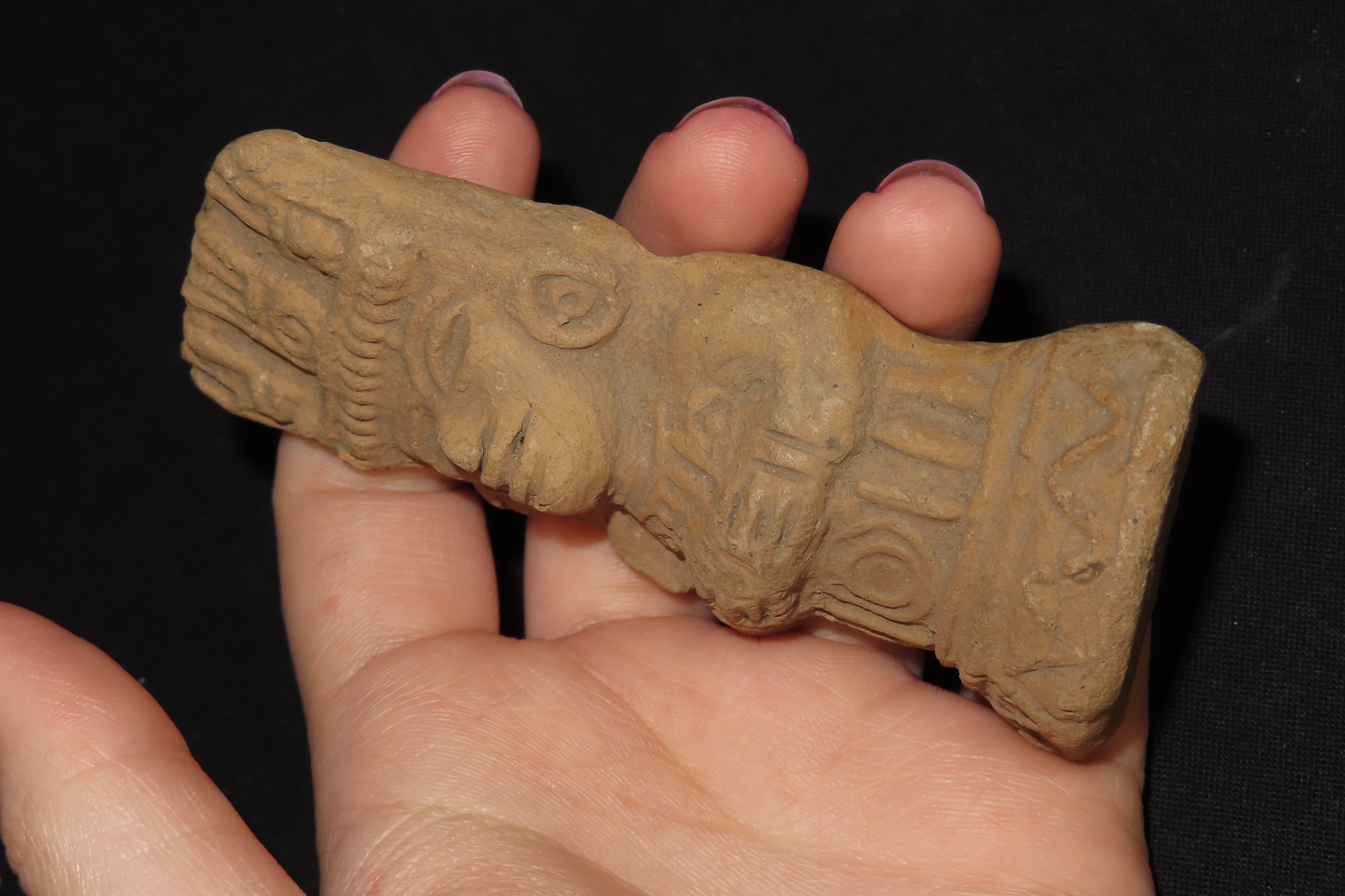 Oustanding 3 3/4" Pre-Columbian Aztec Pottery Human Effigy Figure. Highly detailed example. Elaborate Headdress, Large Ear Spools, well desi