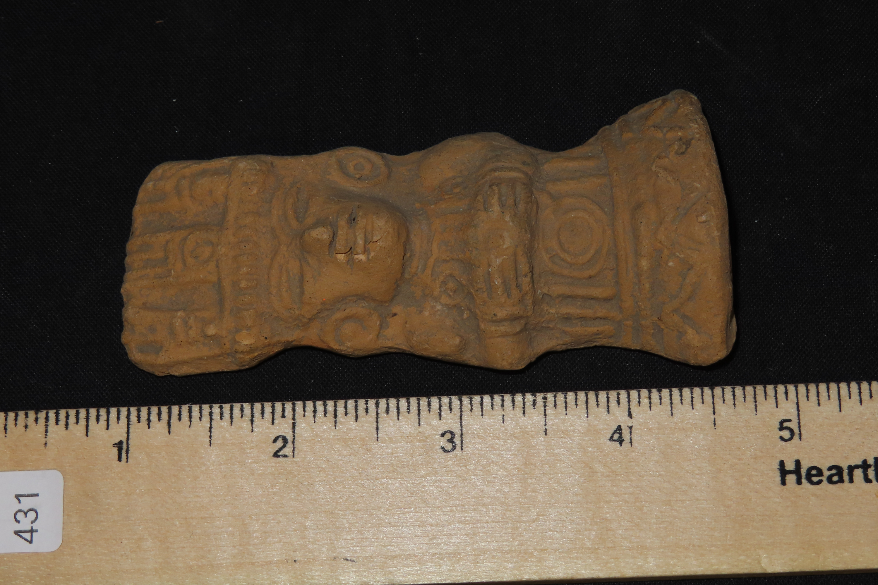 Oustanding 3 3/4" Pre-Columbian Aztec Pottery Human Effigy Figure. Highly detailed example. Elaborate Headdress, Large Ear Spools, well desi