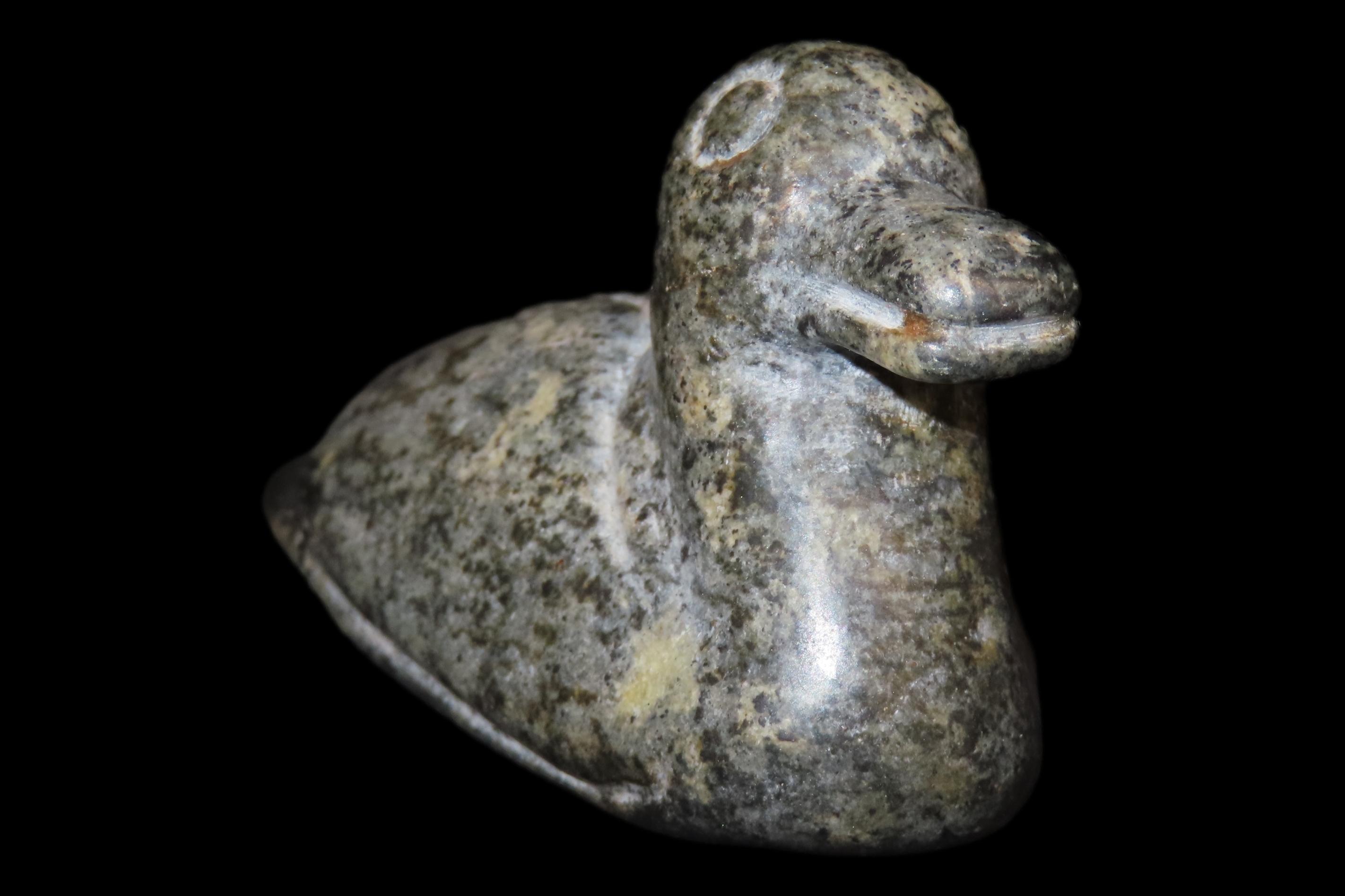 2 3/4" Pre-Columbian Olmec Duck Effigy Pendant, Guatemala. Heavily Polished Dark Green Jadeite or Serpentine.