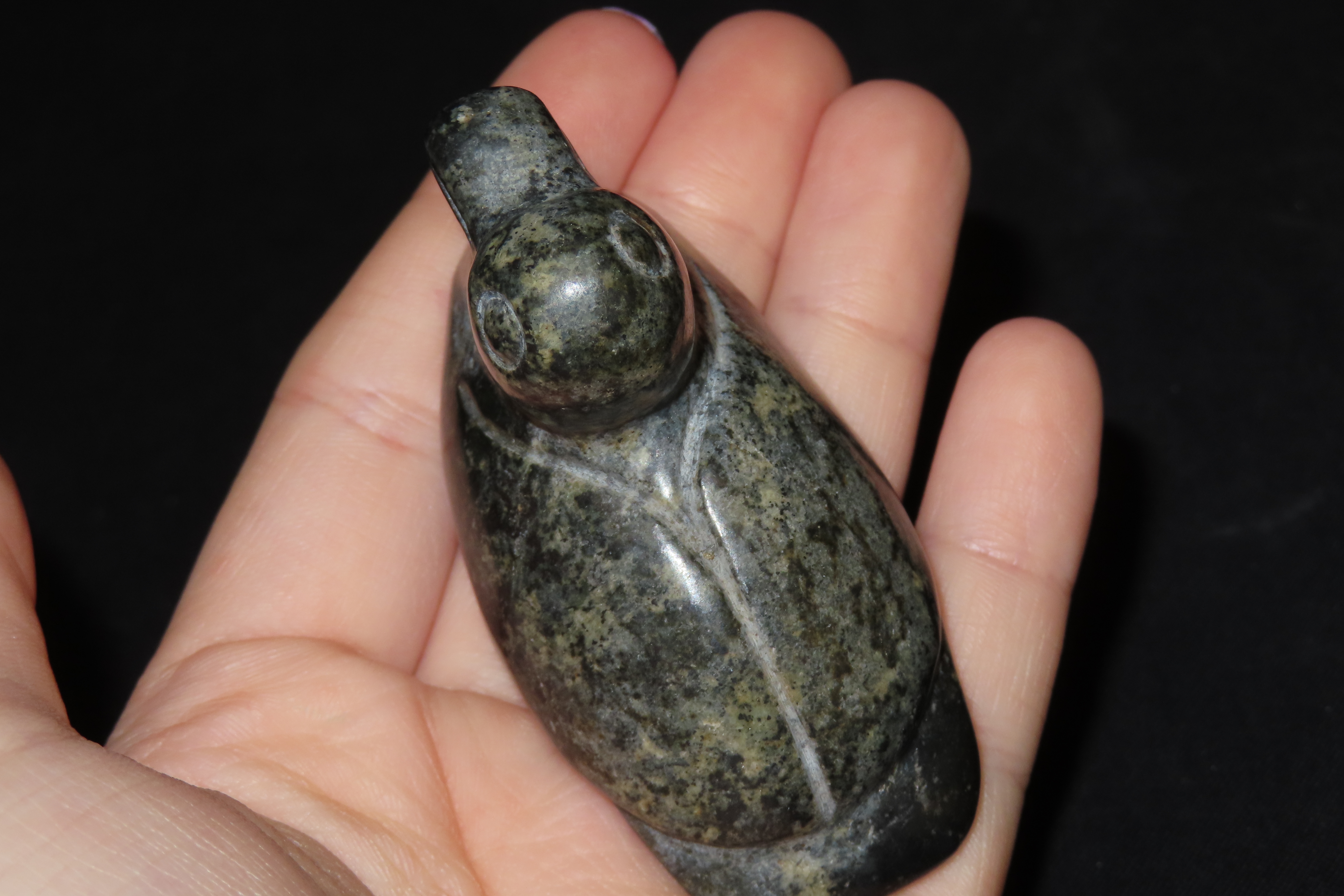 2 3/4" Pre-Columbian Olmec Duck Effigy Pendant, Guatemala. Heavily Polished Dark Green Jadeite or Serpentine.