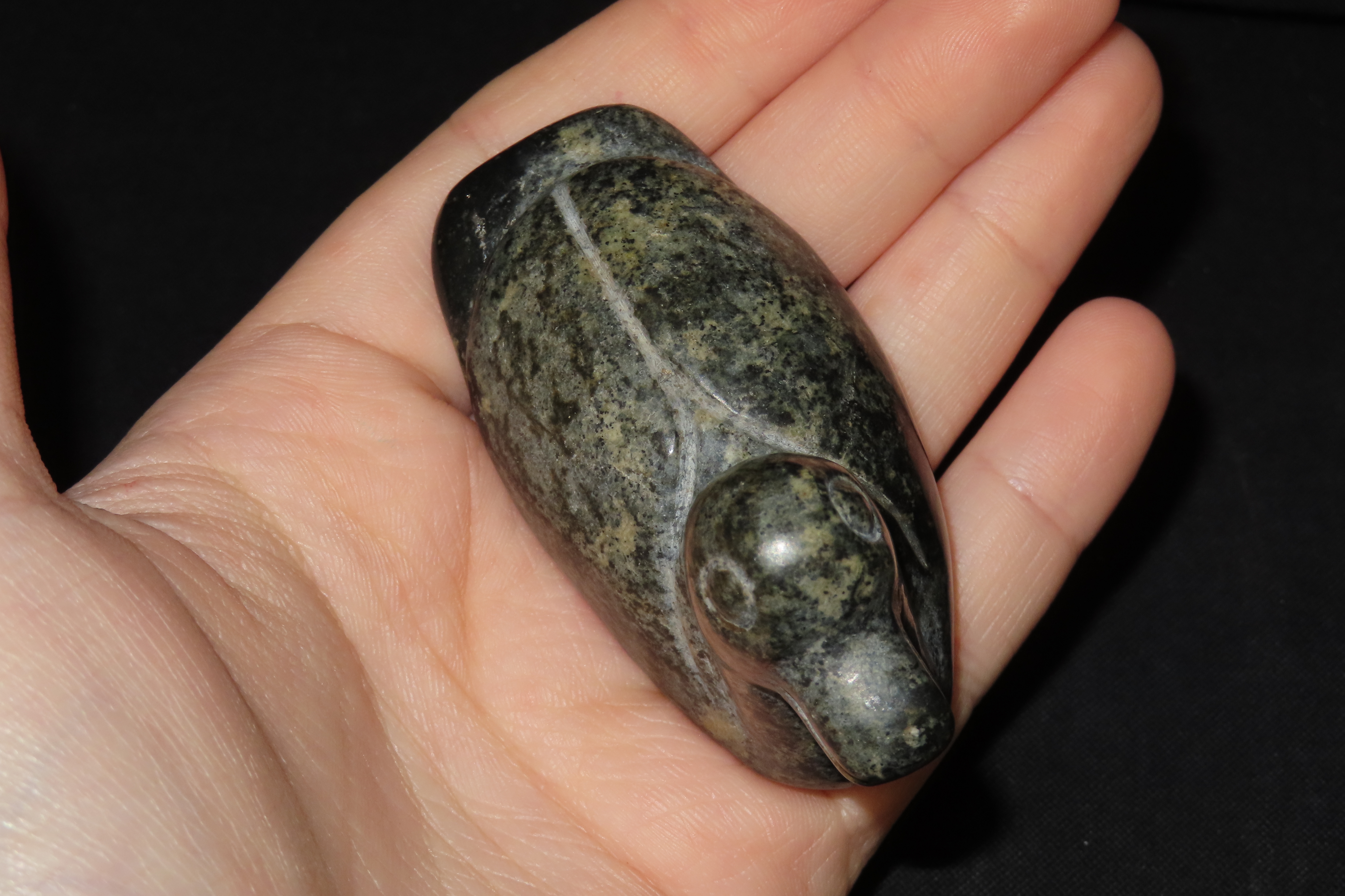 2 3/4" Pre-Columbian Olmec Duck Effigy Pendant, Guatemala. Heavily Polished Dark Green Jadeite or Serpentine.