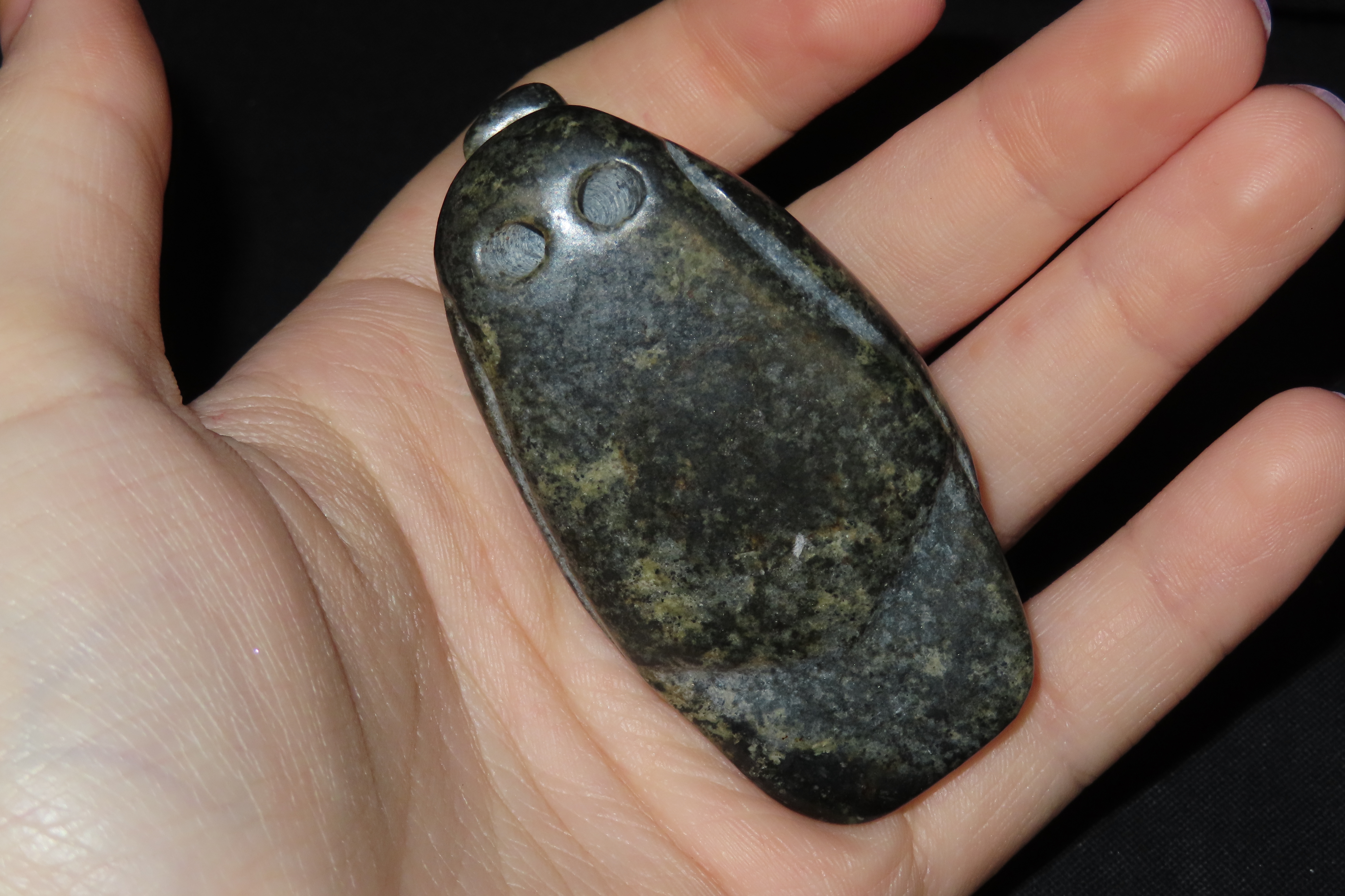 2 3/4" Pre-Columbian Olmec Duck Effigy Pendant, Guatemala. Heavily Polished Dark Green Jadeite or Serpentine.