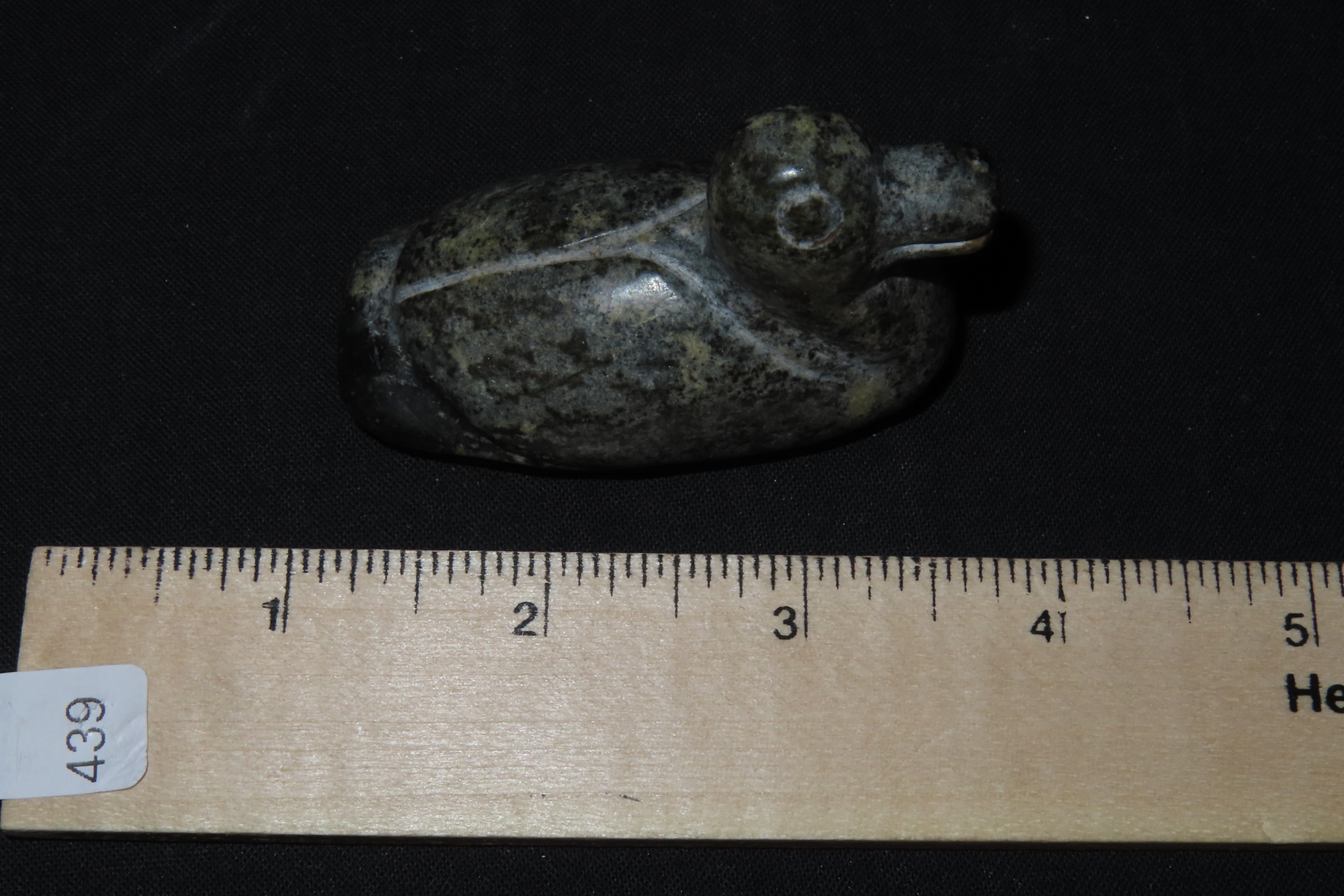2 3/4" Pre-Columbian Olmec Duck Effigy Pendant, Guatemala. Heavily Polished Dark Green Jadeite or Serpentine.