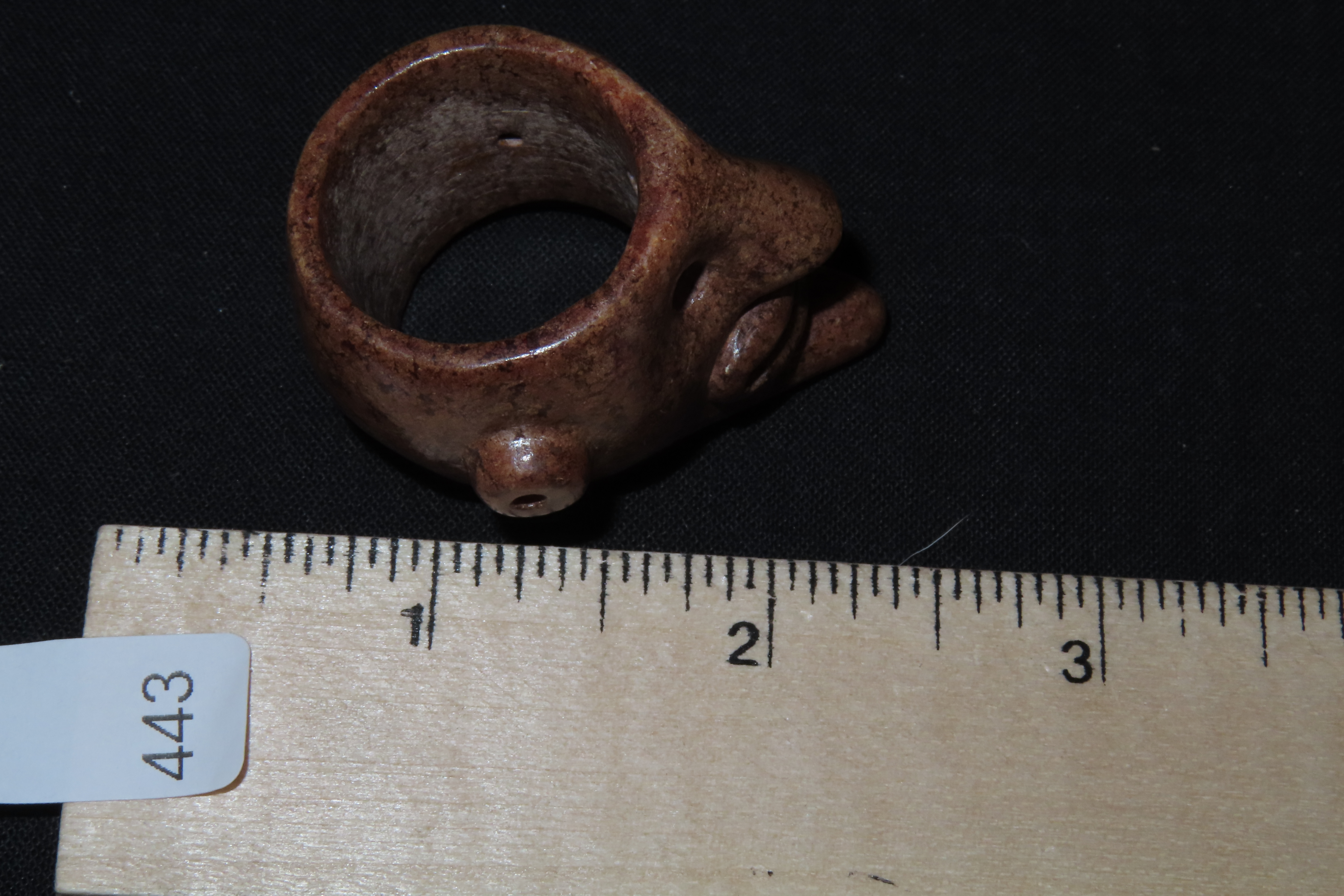Rare Pre-Columbian Human Effigy Stone Ring. Highly Detailed and heavily Polished Brown Stone. Found in Guatemala.