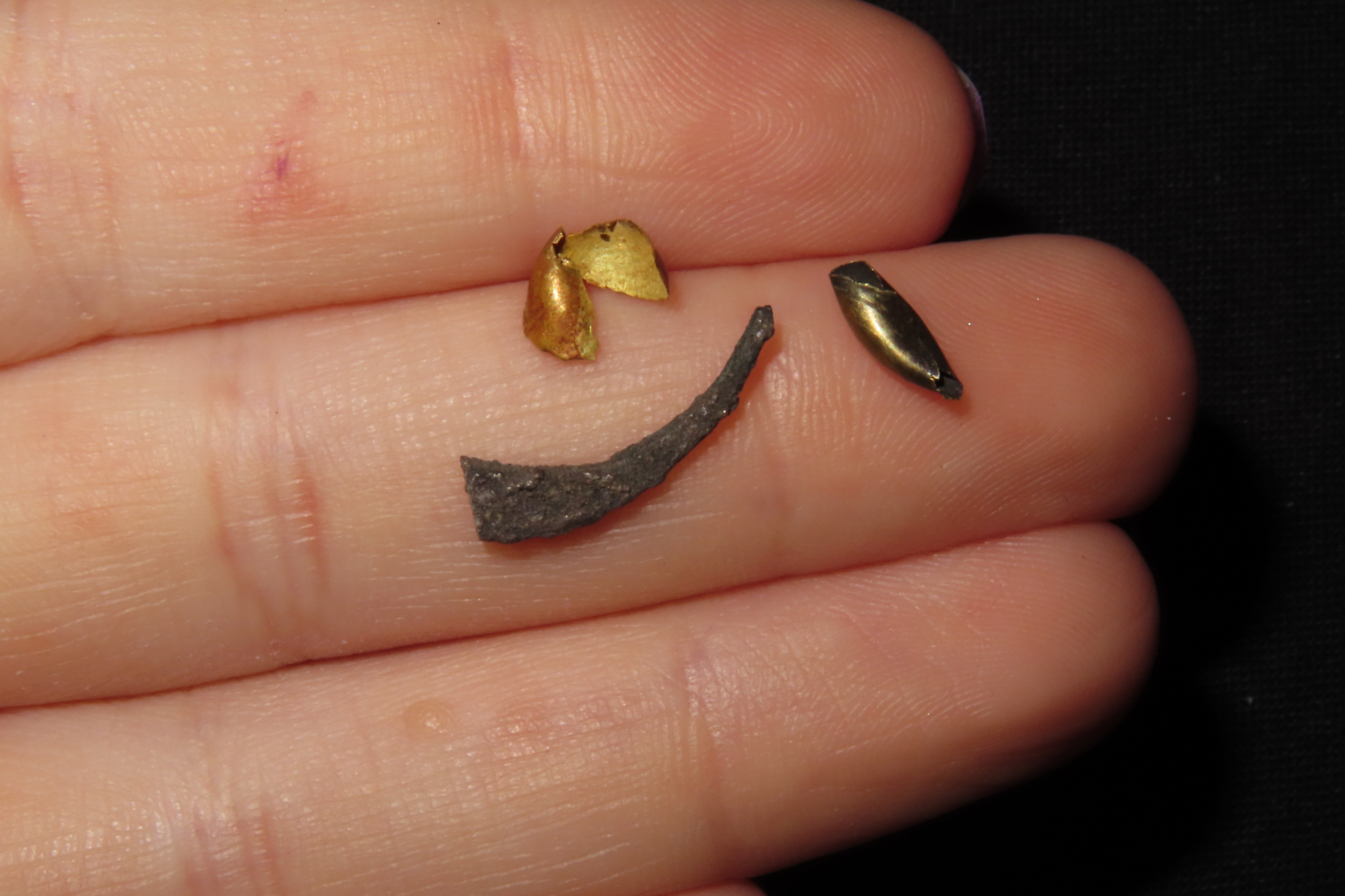 Pre-Columbian Gold & Silver Beads & Nose Ring. Silver Nose Ring is Broken in 2 pieces. Small Silver Bead & Small Gold Bead. Mexico.