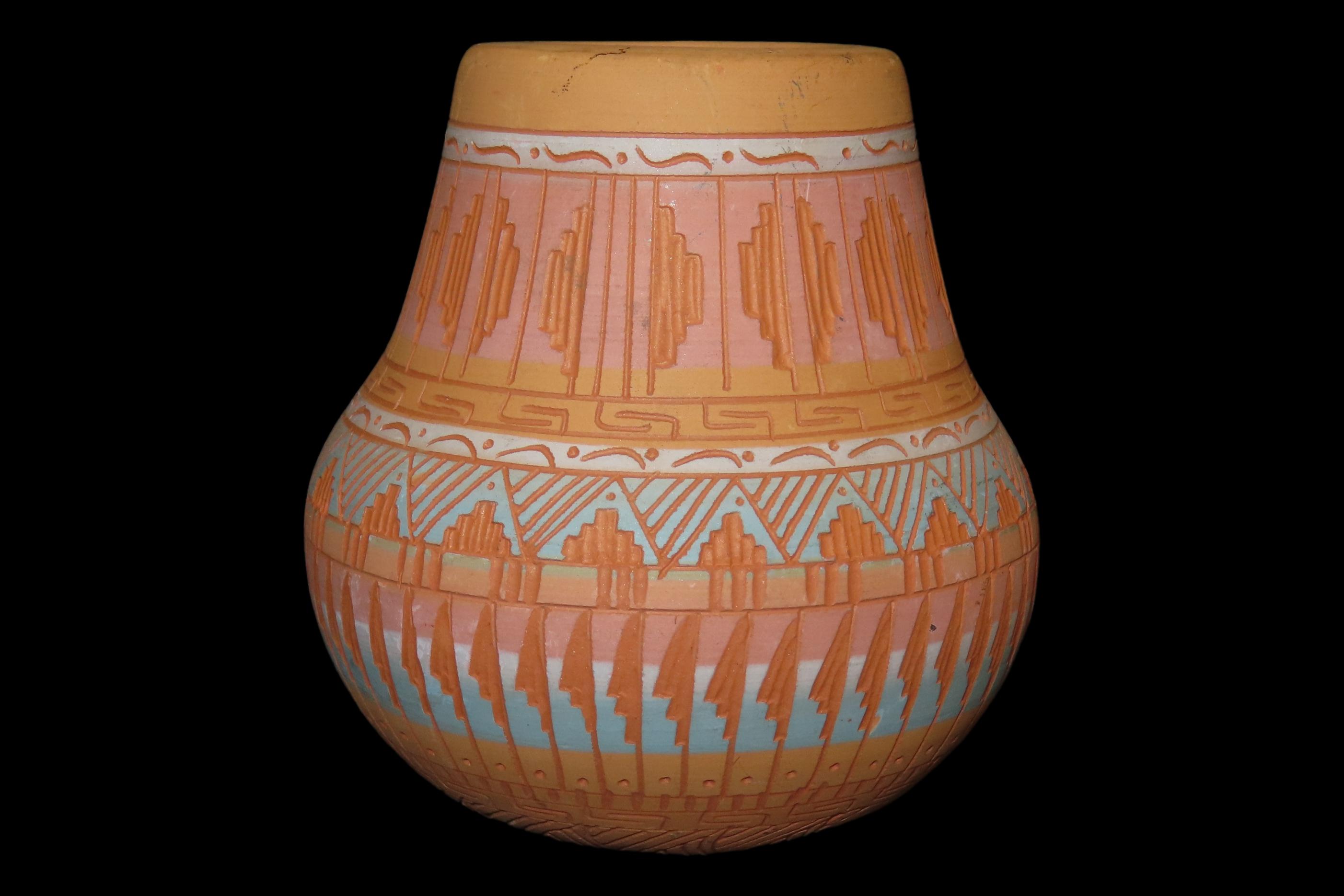 Beautiful Southwest Navajo Indians Pottery Vase / Jar / Bowl. Original Hand Painted / hand Etched Example. Signed on Bottom.