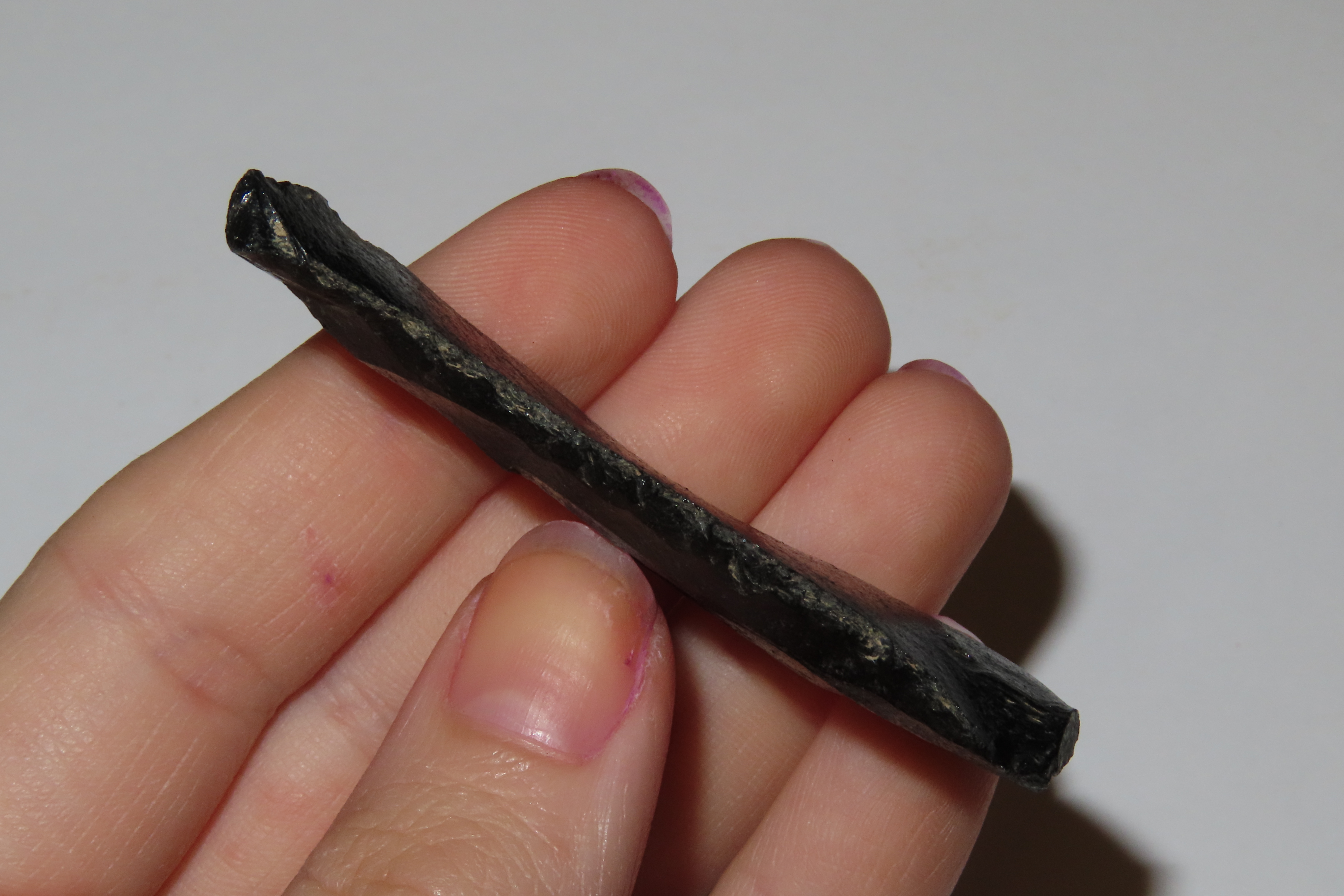 2 3/8" Paleo Crescent Knife found in the Black Rock Desert, Nevada. Well patinated Obsidian Indian Arrowhead, Artifact.