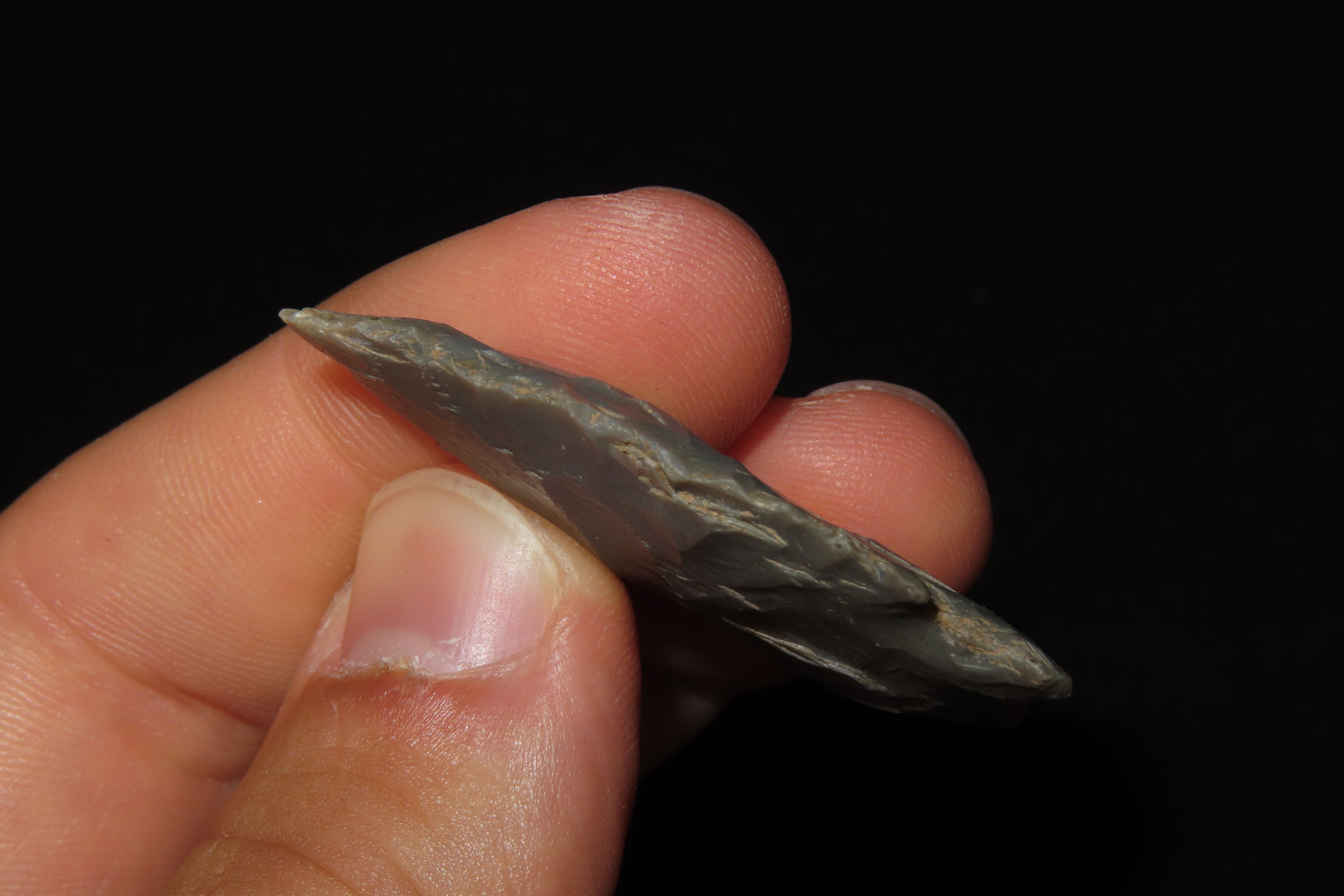Two Tone Blue & White Serrated Kirk found in Wayne County Kentucky. Indian Arrowhead, Artifact.