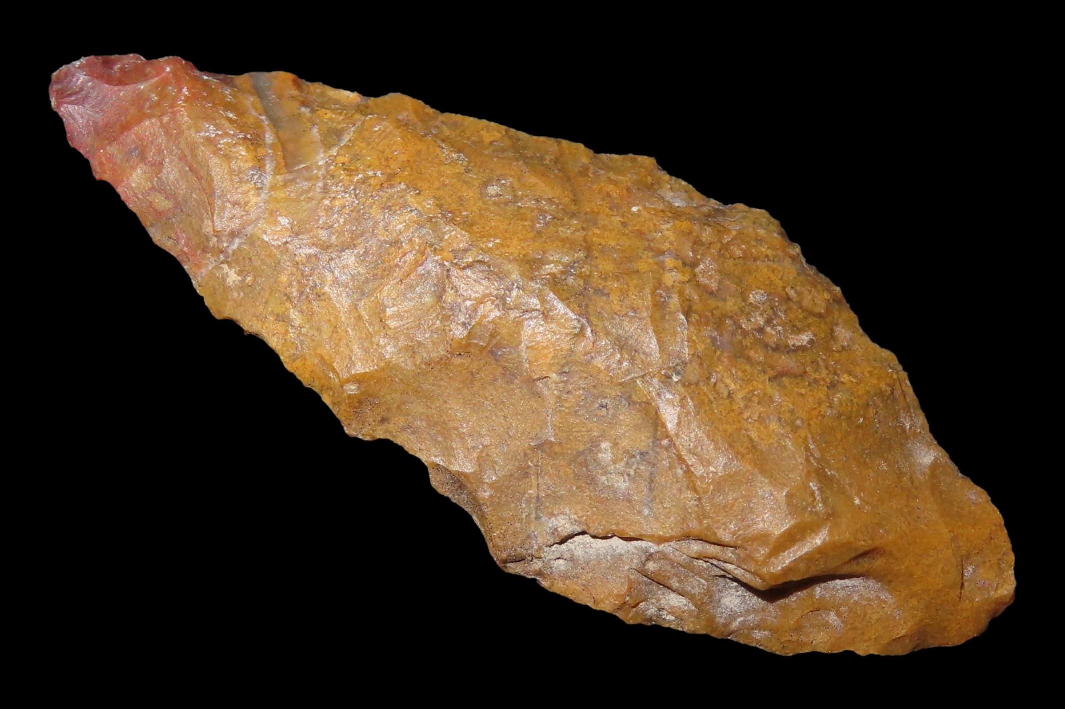 Beautiful Red & Orange Bi-Point Blade / Arrowhead from Colorado. Appears to be made from Fossilized Bino Bone. Colorful Example.