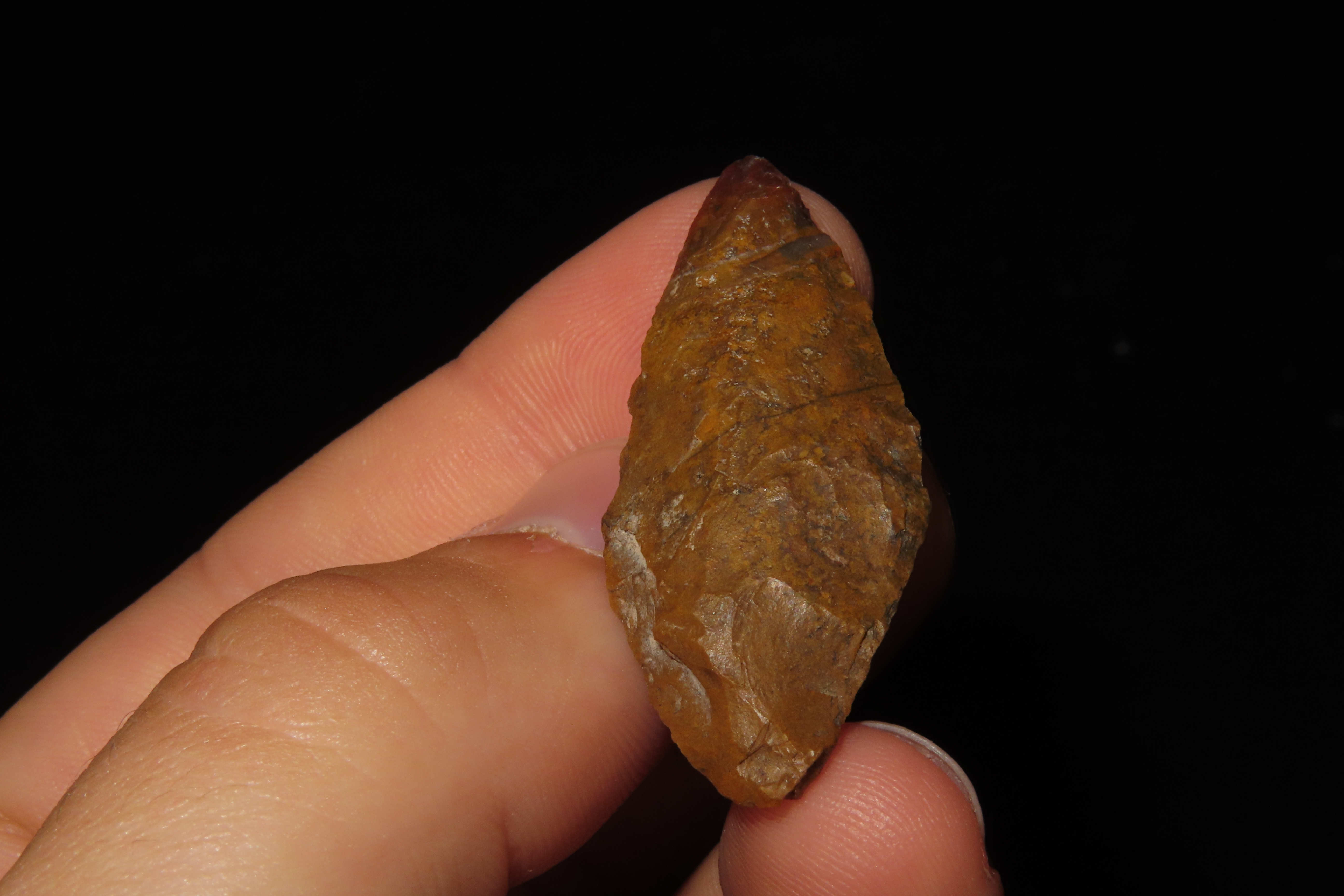 Beautiful Red & Orange Bi-Point Blade / Arrowhead from Colorado. Appears to be made from Fossilized Bino Bone. Colorful Example.
