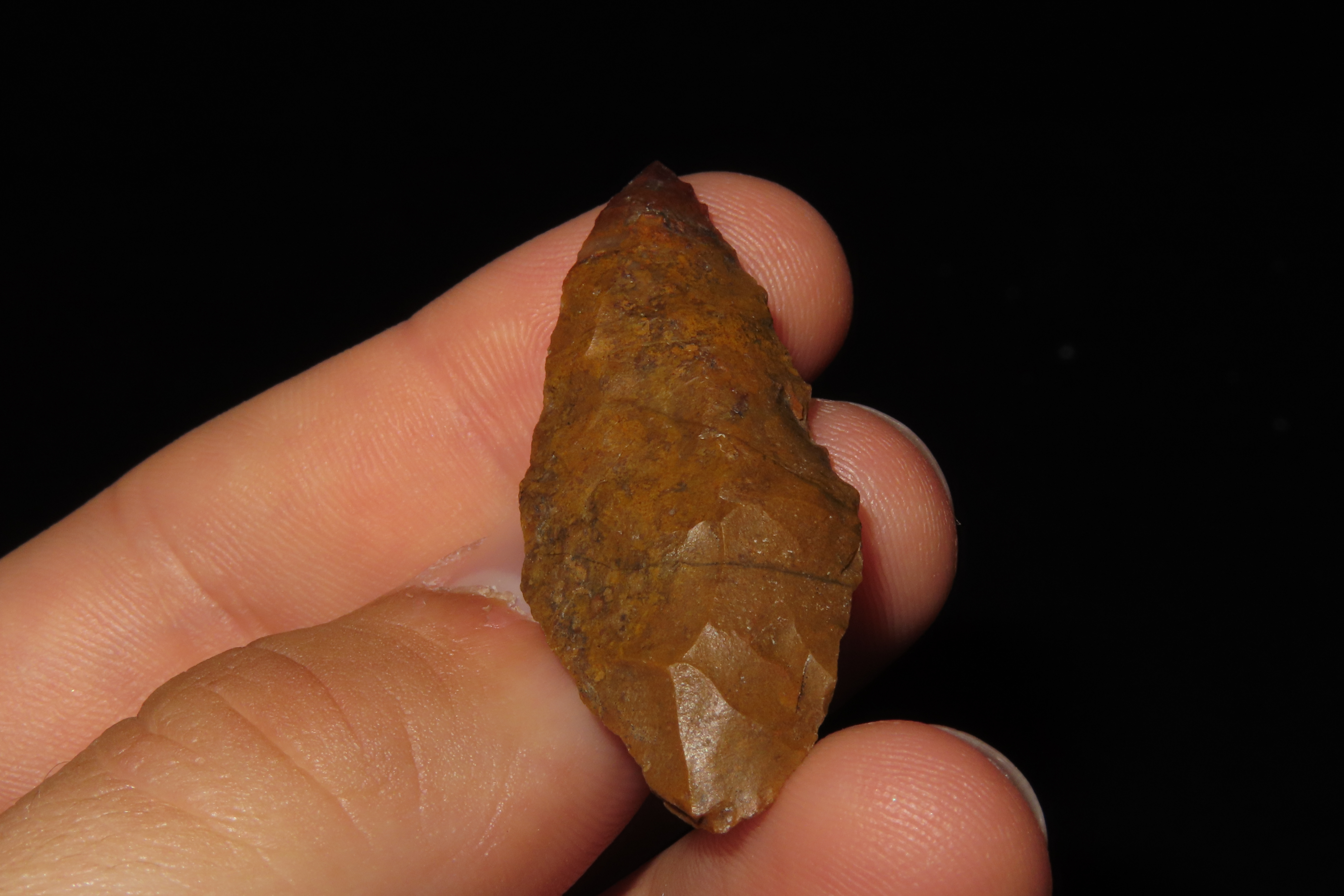 Beautiful Red & Orange Bi-Point Blade / Arrowhead from Colorado. Appears to be made from Fossilized Bino Bone. Colorful Example.