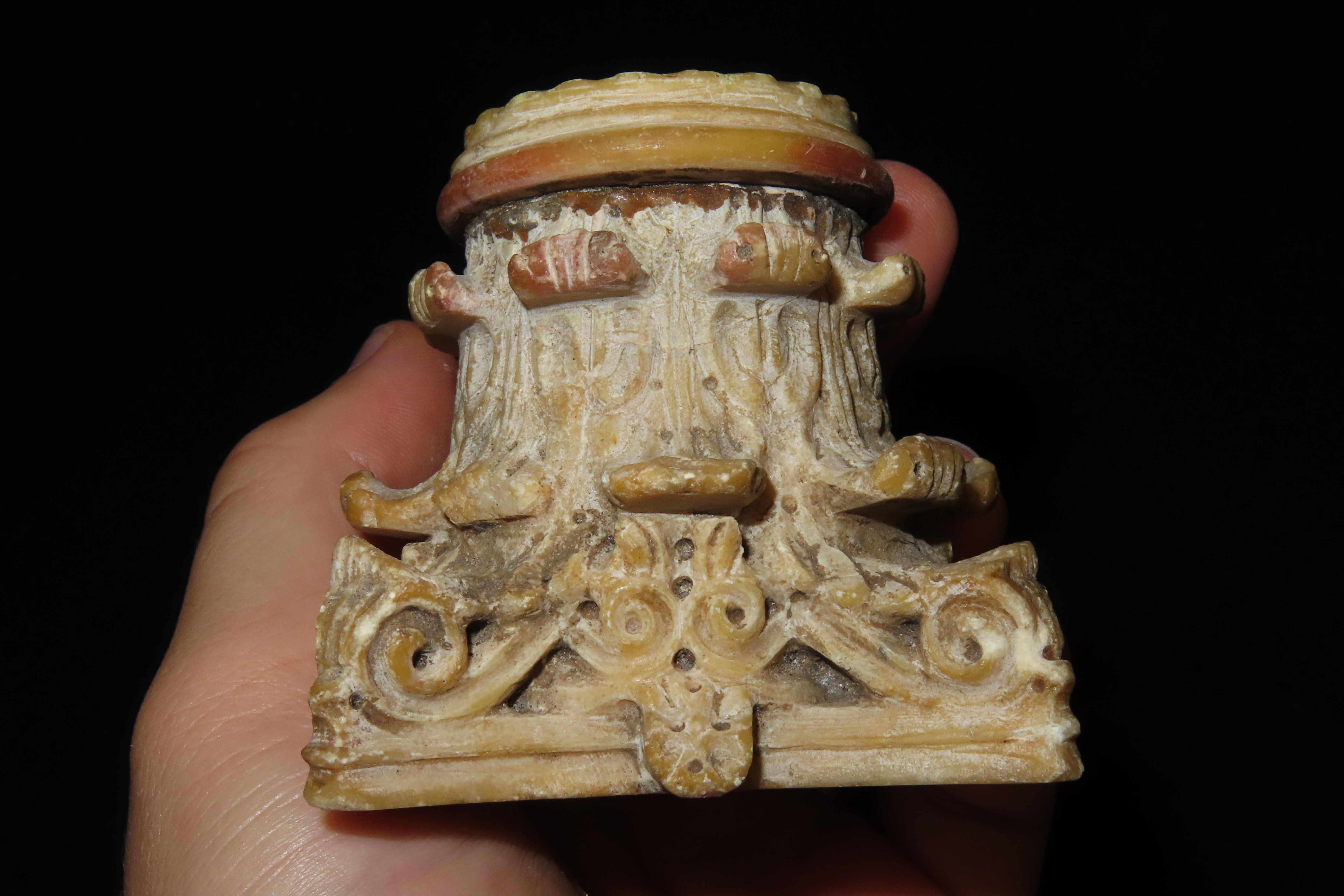 Nice Antique Chinese Hongshan Culture Jade Effigy Plarform / Base, Unique & Elaborate Hand Made Example. Great patina.