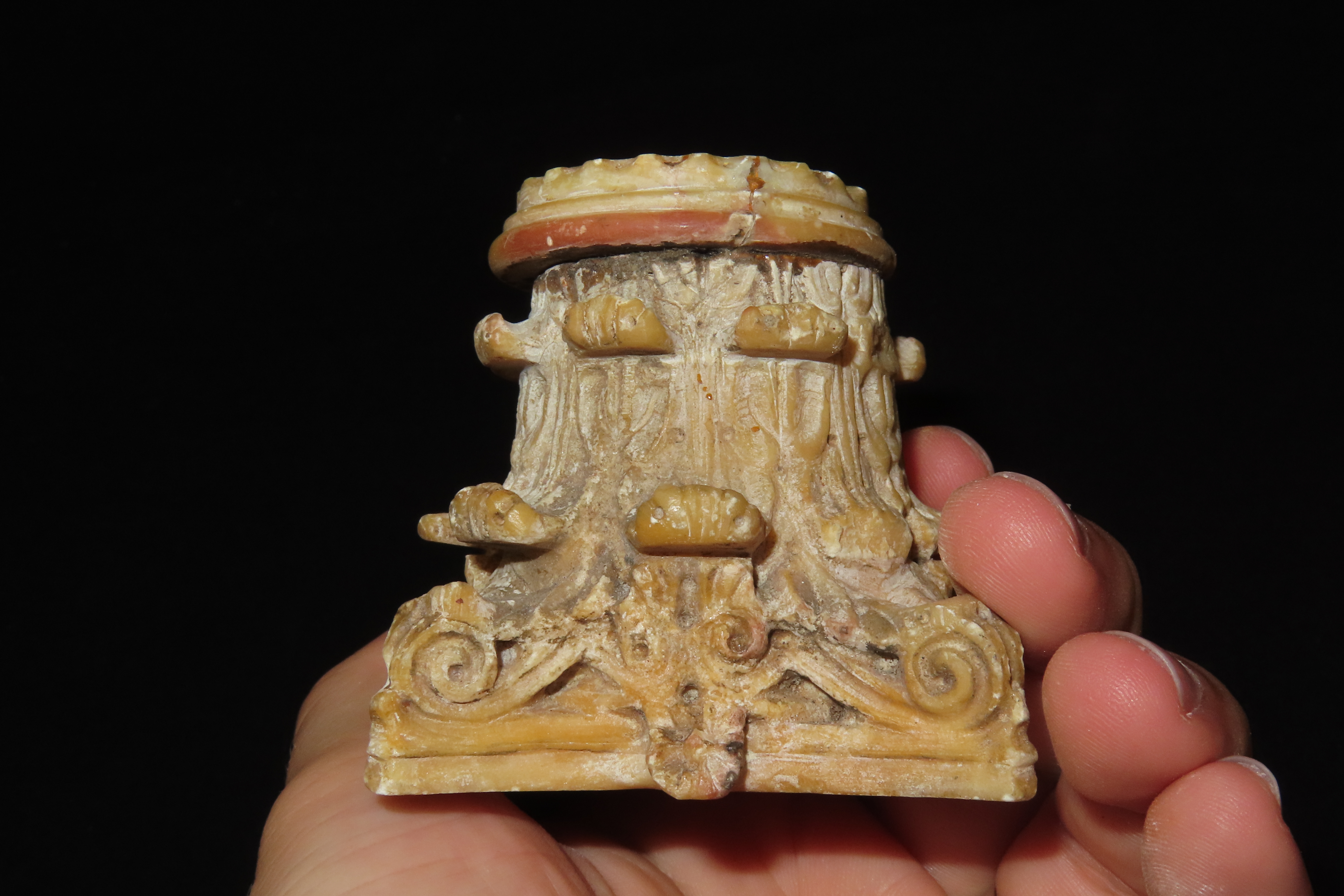 Nice Antique Chinese Hongshan Culture Jade Effigy Plarform / Base, Unique & Elaborate Hand Made Example. Great patina.