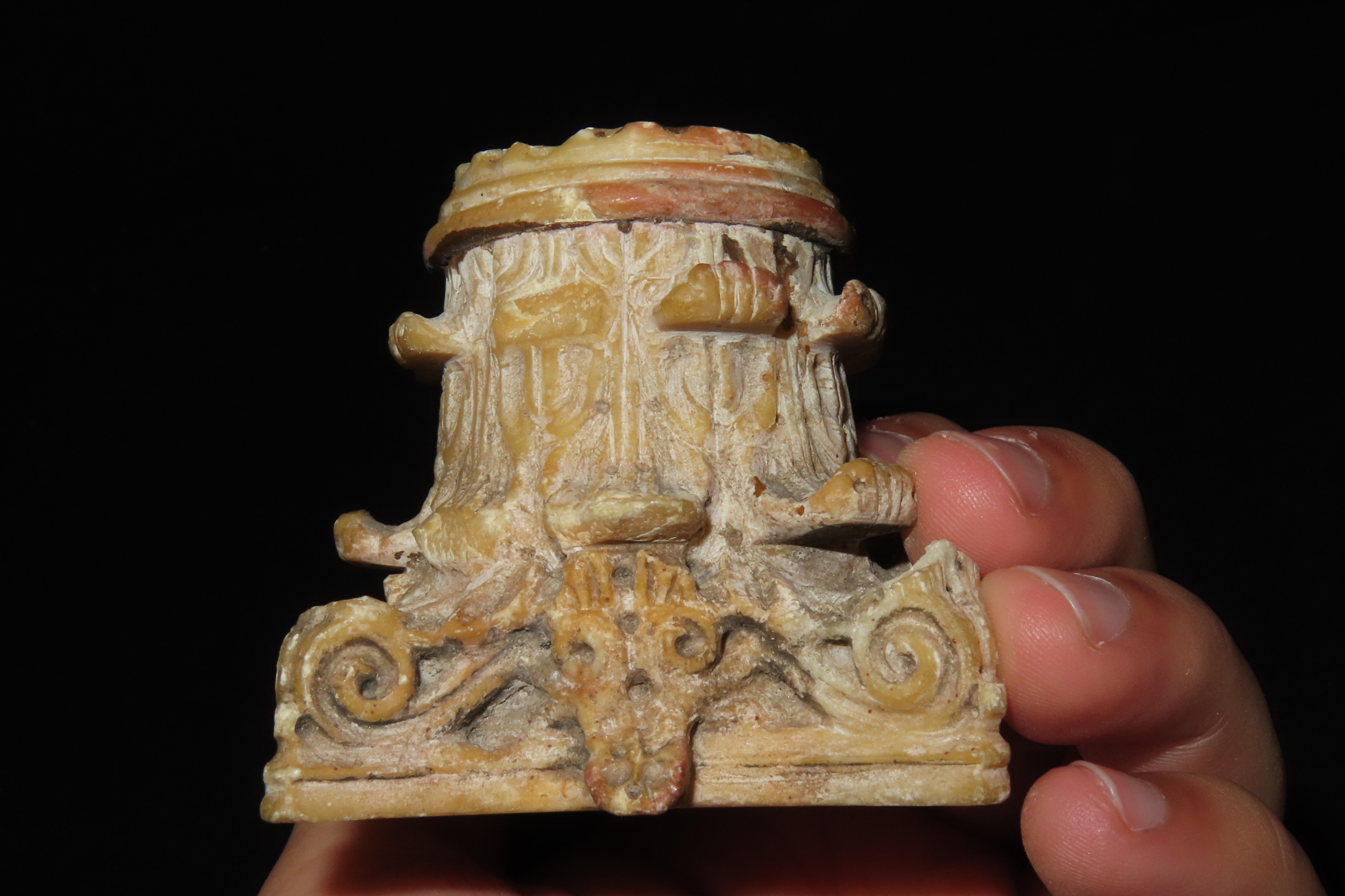 Nice Antique Chinese Hongshan Culture Jade Effigy Plarform / Base, Unique & Elaborate Hand Made Example. Great patina.