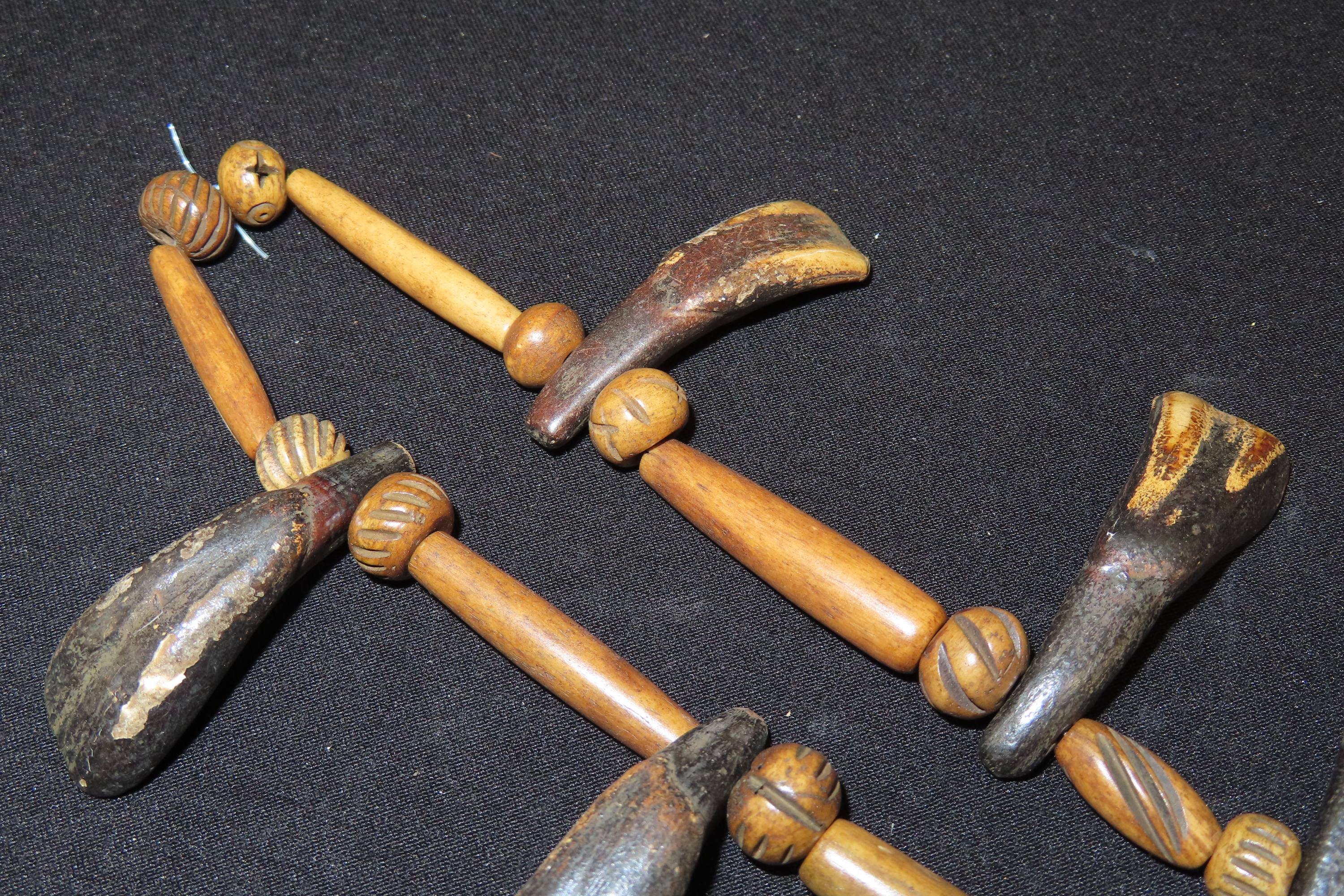 25" Plains Indian Drilled Buffalo Tooth Necklace with Chevron Trade Beads.