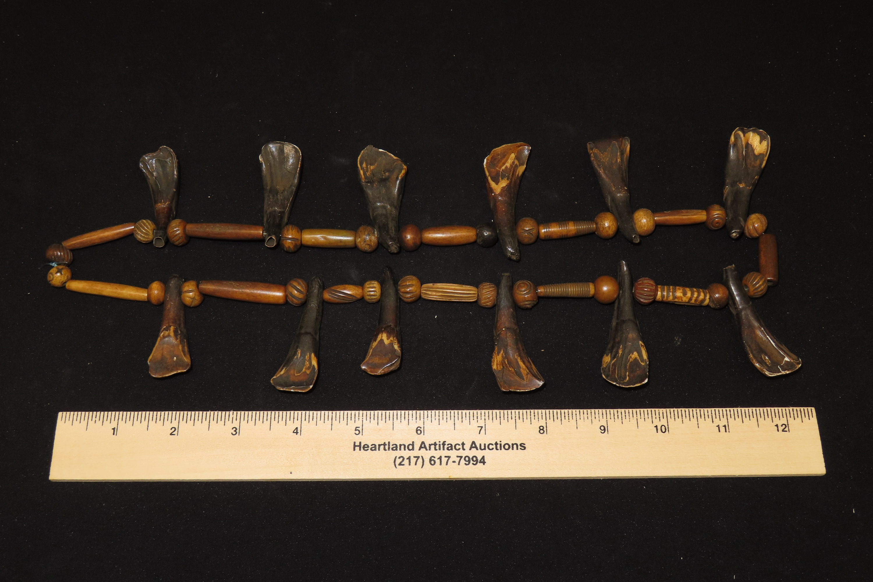 25" Plains Indian Drilled Buffalo Tooth Necklace with Chevron Trade Beads.