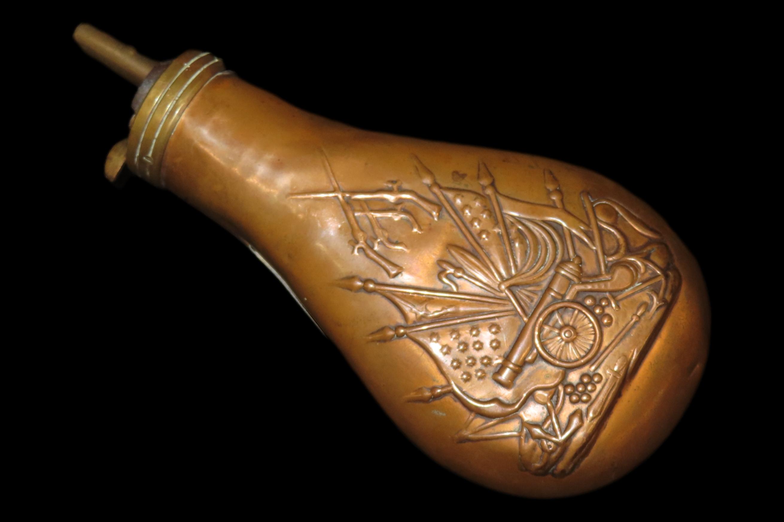 Nice Civil War Era Powder Flask, Nicely Decorated. Very Elaborate Design, Great Age & patina.