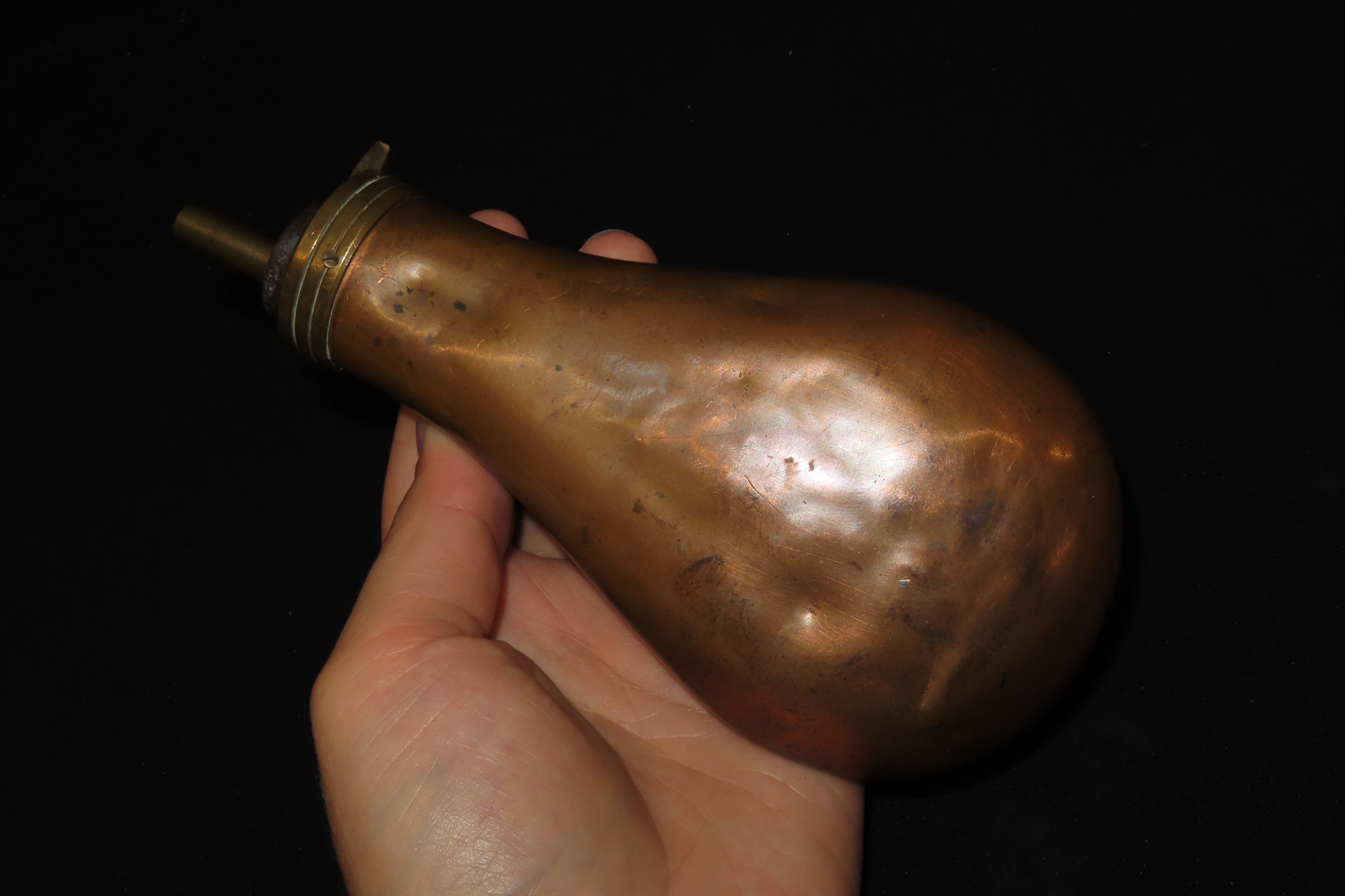 Nice Civil War Era Powder Flask, Nicely Decorated. Very Elaborate Design, Great Age & patina.