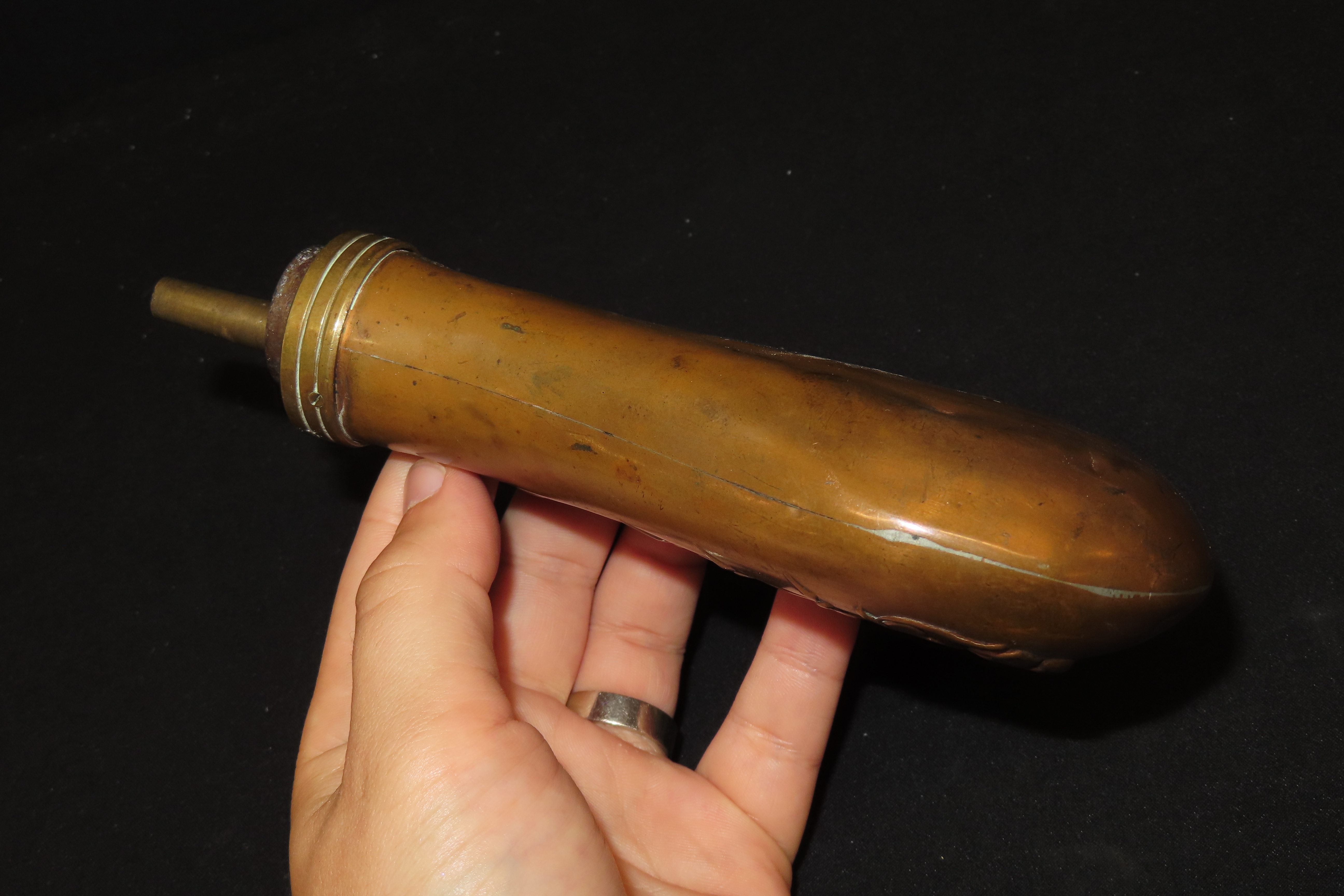 Nice Civil War Era Powder Flask, Nicely Decorated. Very Elaborate Design, Great Age & patina.