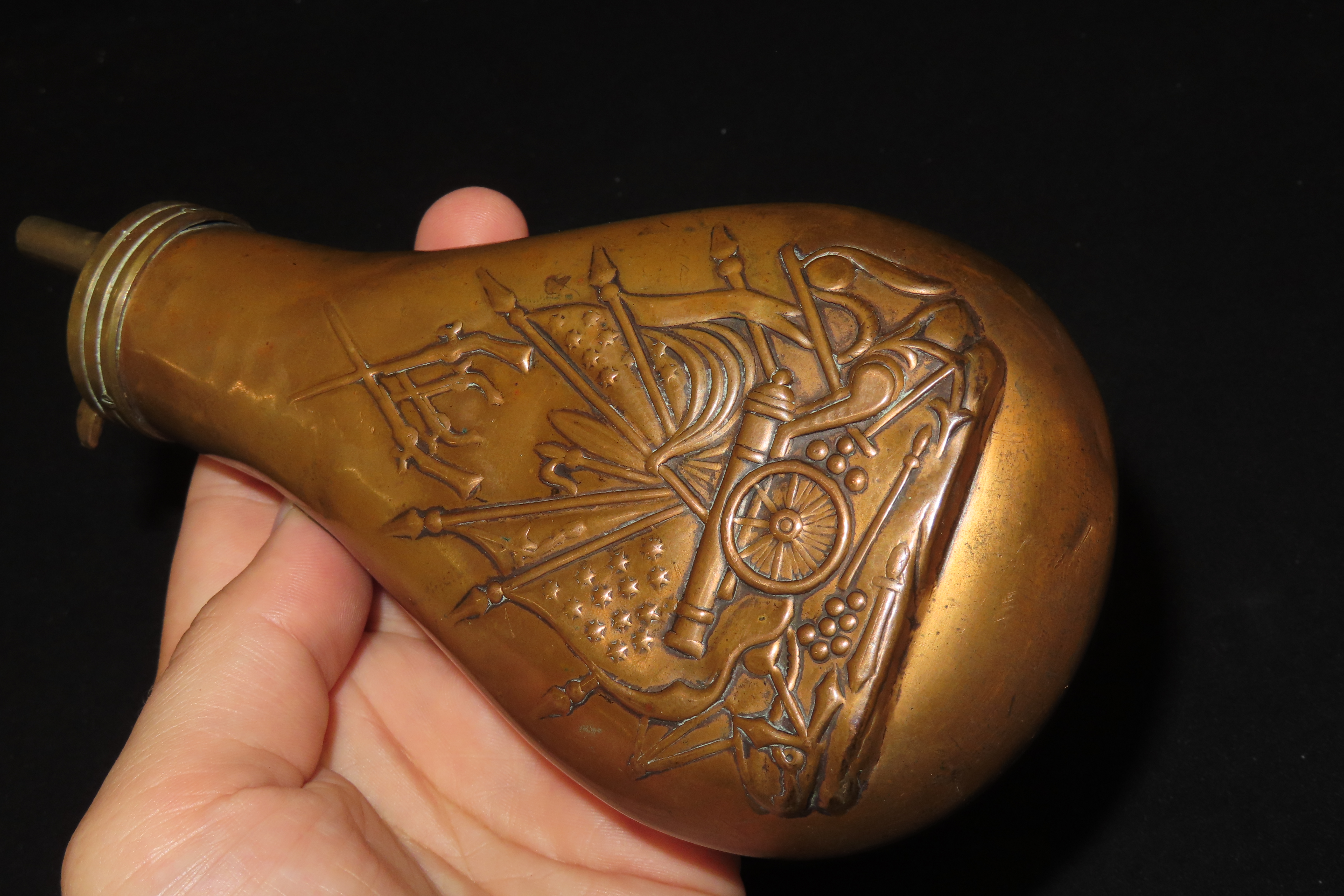 Nice Civil War Era Powder Flask, Nicely Decorated. Very Elaborate Design, Great Age & patina.