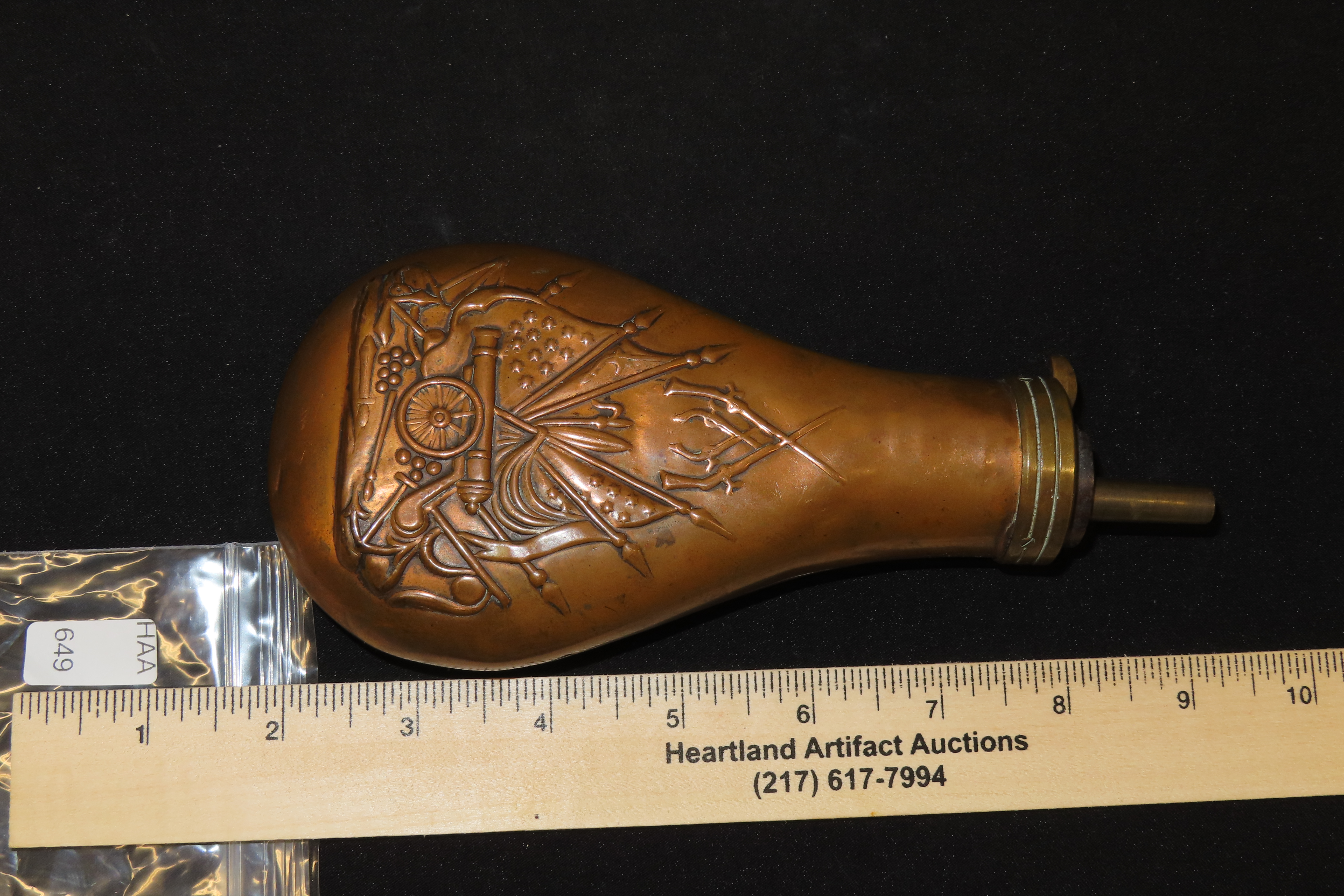 Nice Civil War Era Powder Flask, Nicely Decorated. Very Elaborate Design, Great Age & patina.