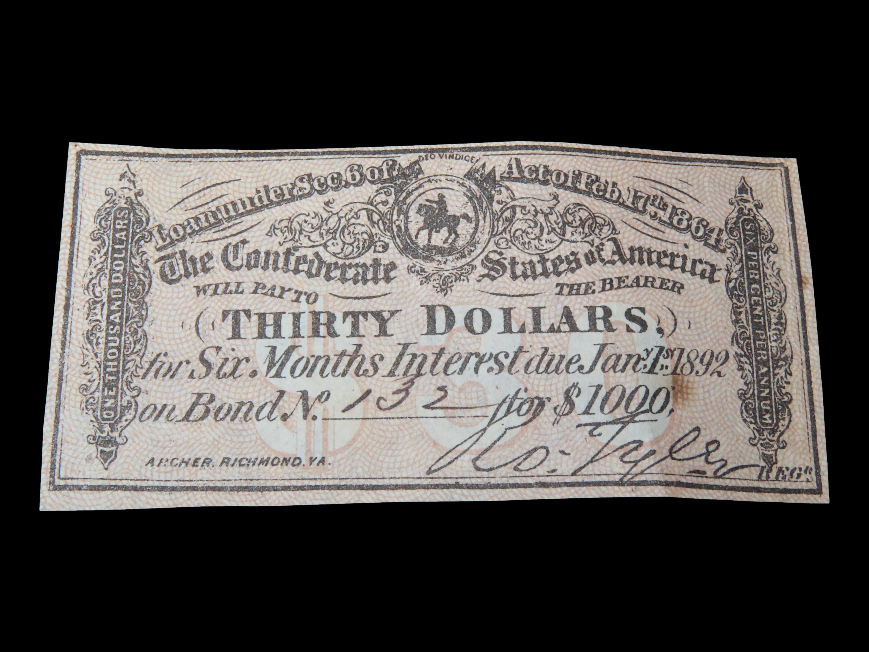 Civil War Confederate States $30 Bond Note, Dated Feb. 17th, 1864. Original Hand Signed Document from the Time Period. Great Piece of Americ