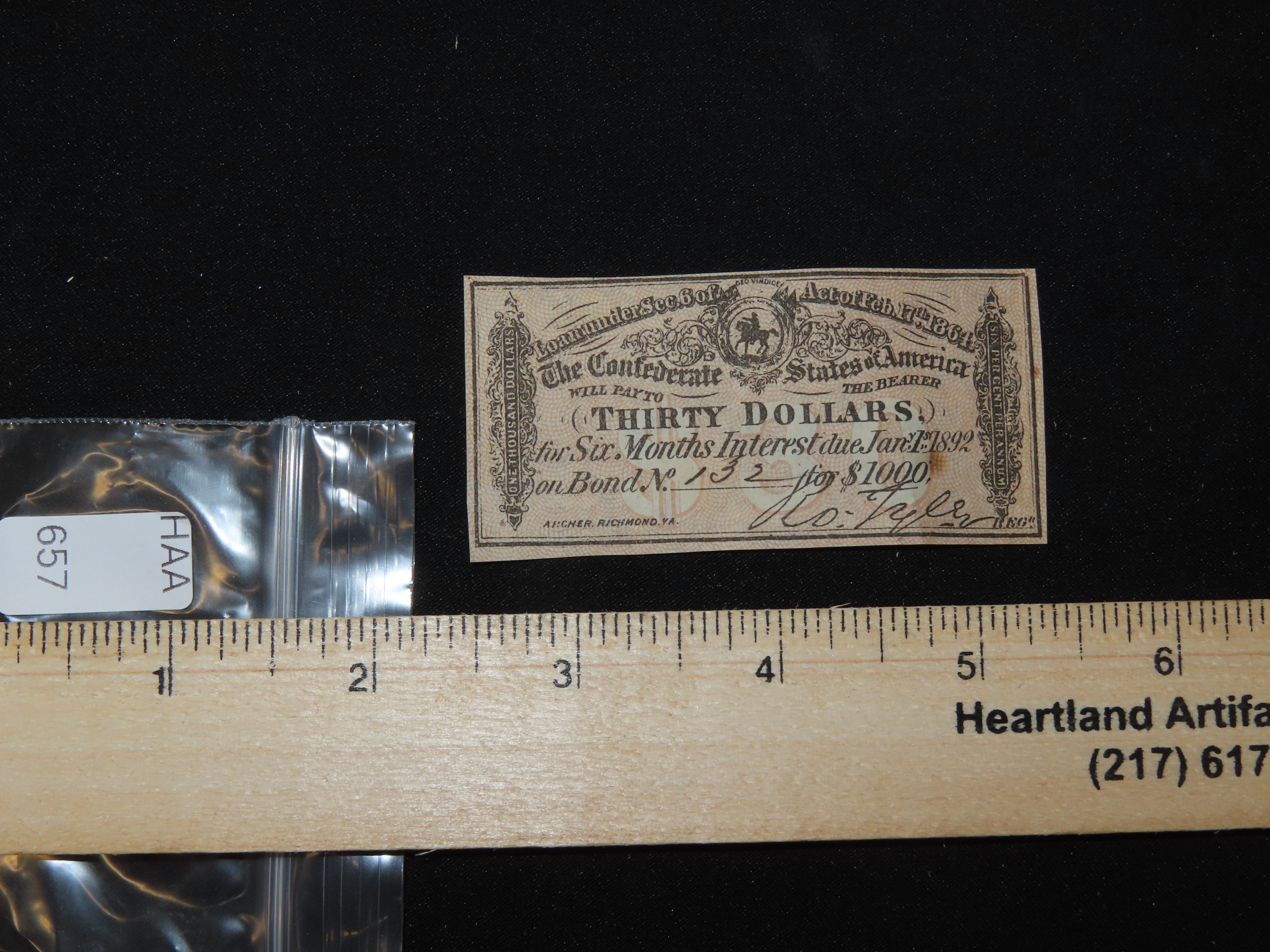 Civil War Confederate States $30 Bond Note, Dated Feb. 17th, 1864. Original Hand Signed Document from the Time Period. Great Piece of Americ