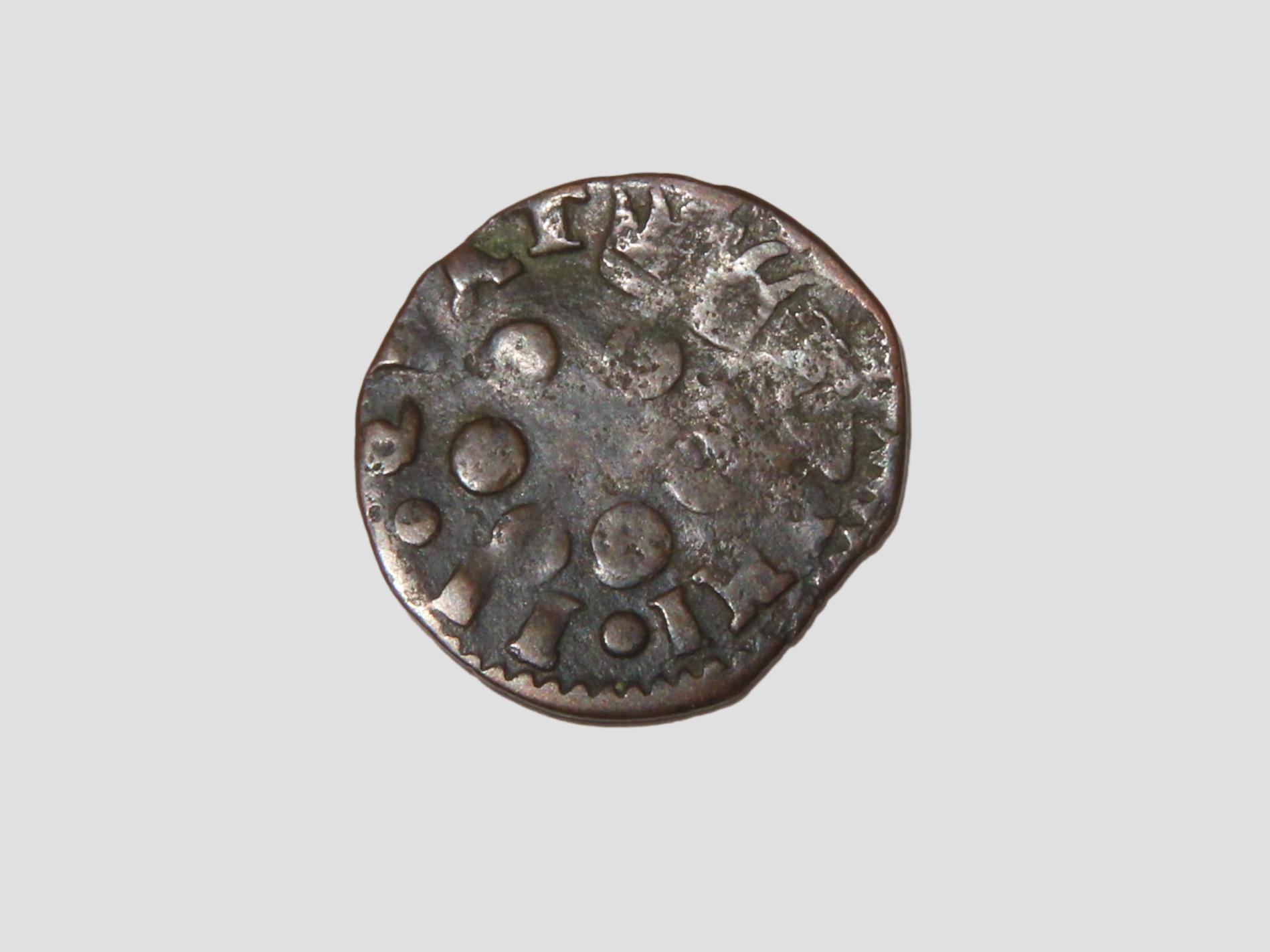 1687 Dated Colonial Era Coin with a Cross on one side, About the size of a Dime, Great Early Nearly 340 Year Old Coin