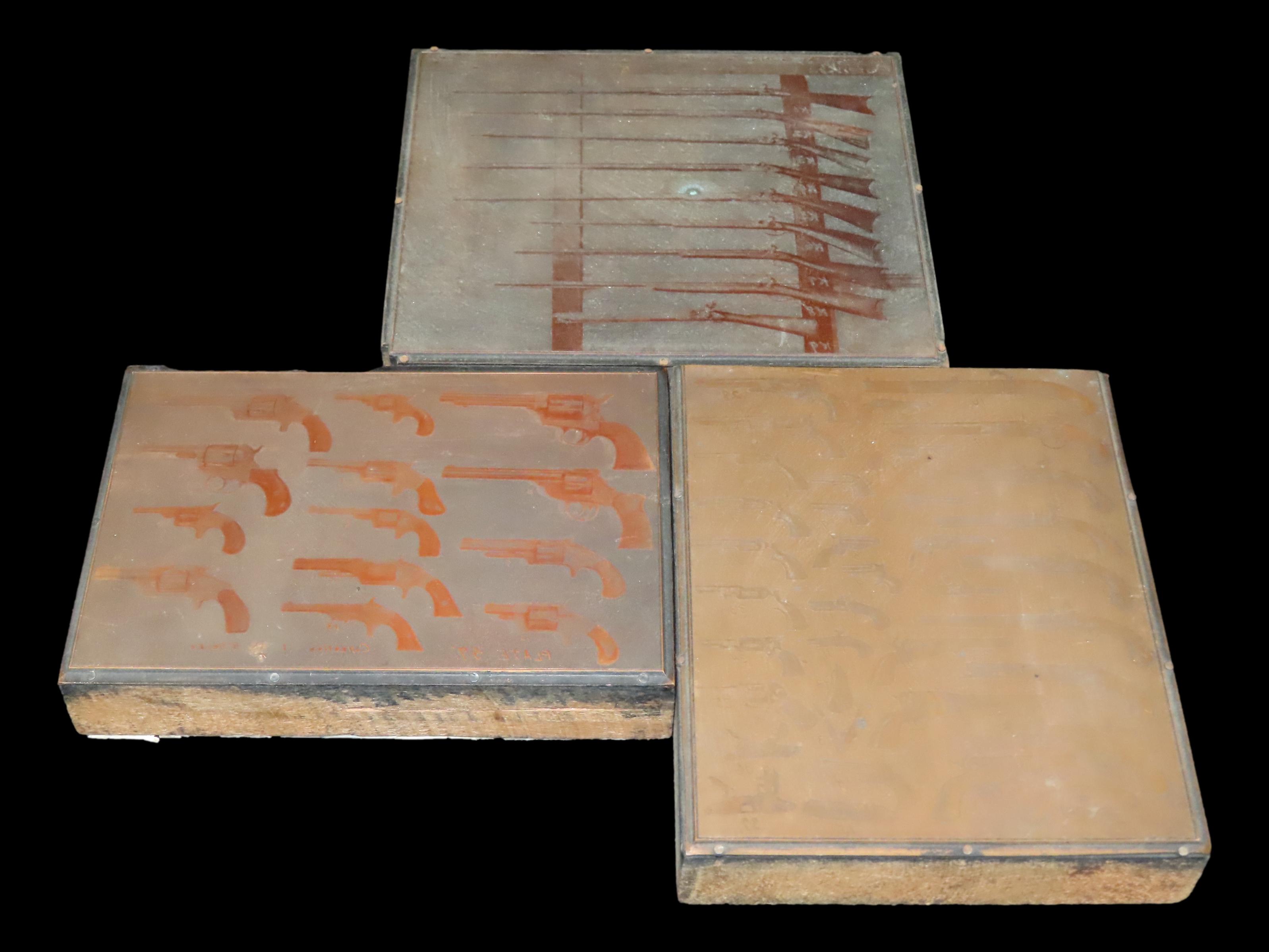 Lot of Antique Copper Printing Plates with Guns, Pistols, Colts, Revolvers, etc. Used in Rev. Heike's Book on guns.