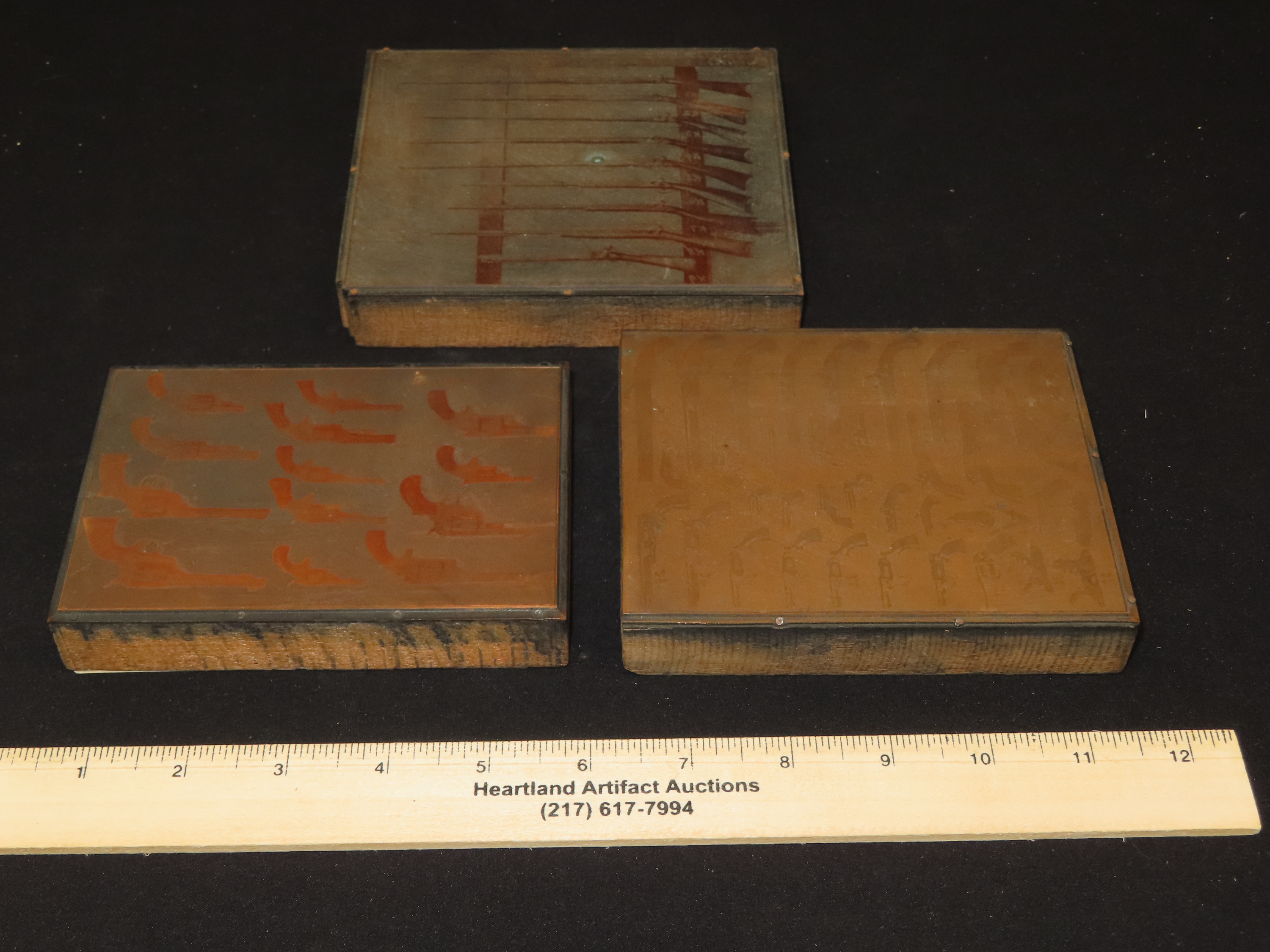 Lot of Antique Copper Printing Plates with Guns, Pistols, Colts, Revolvers, etc. Used in Rev. Heike's Book on guns.
