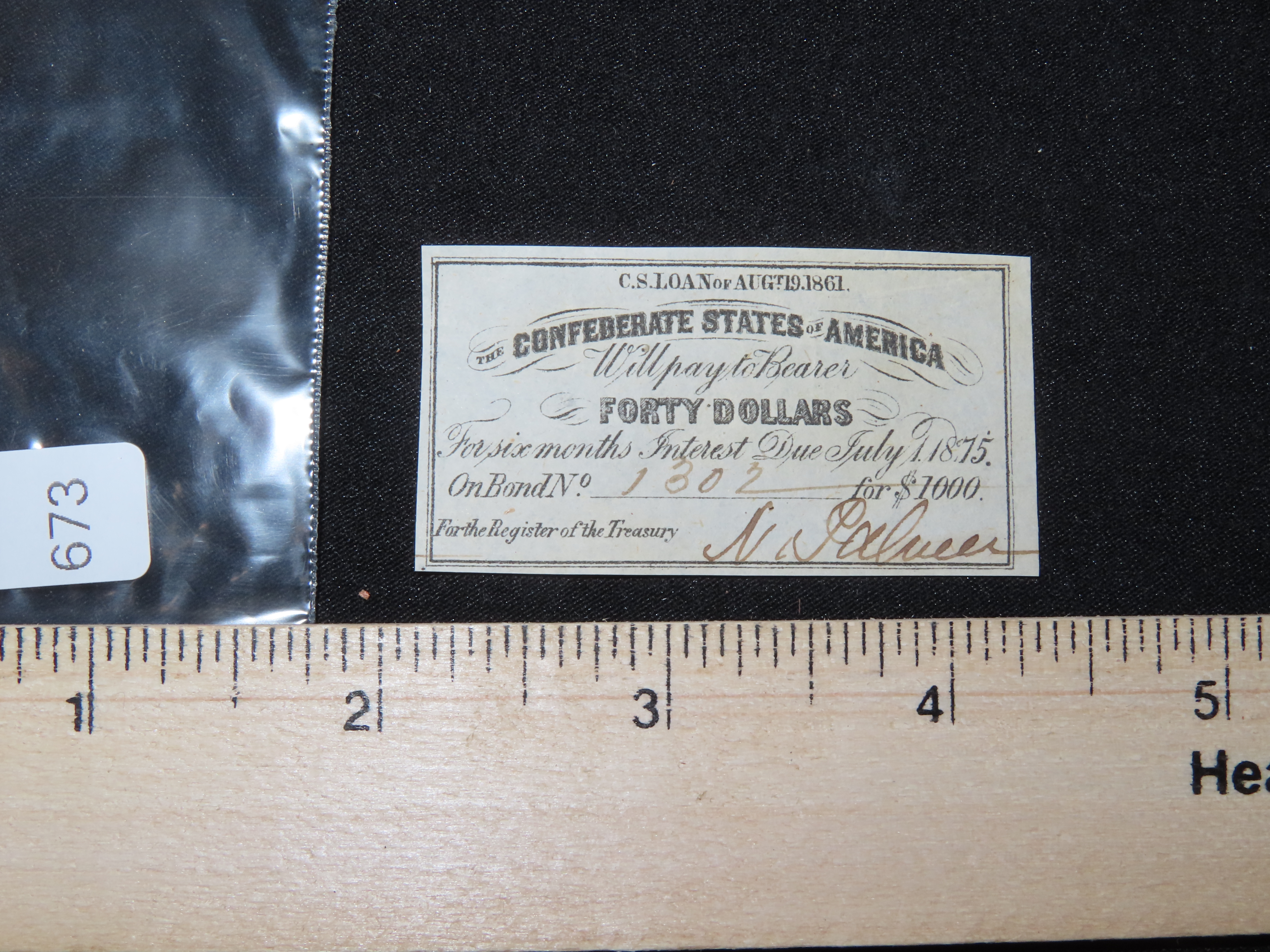 Civil War Confederate States $40 Bond Note, Dated August 19th, 1861. Original Hand Signed Document from the Time Period. Great Piece of Amer