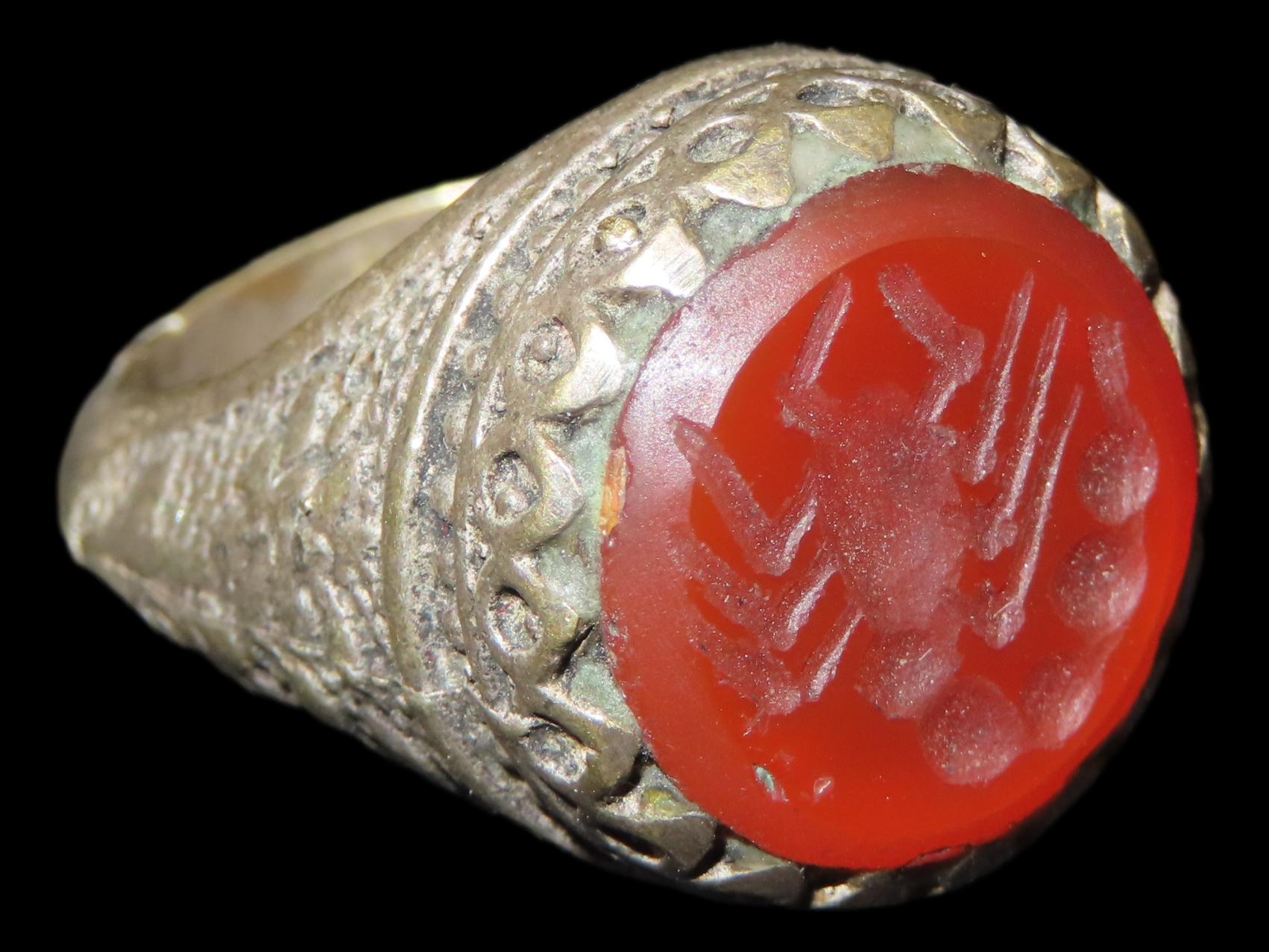 Nice Roman Viking Engraved Intaglio Seal Ring, Bronze with Stone Intaglio Inset.