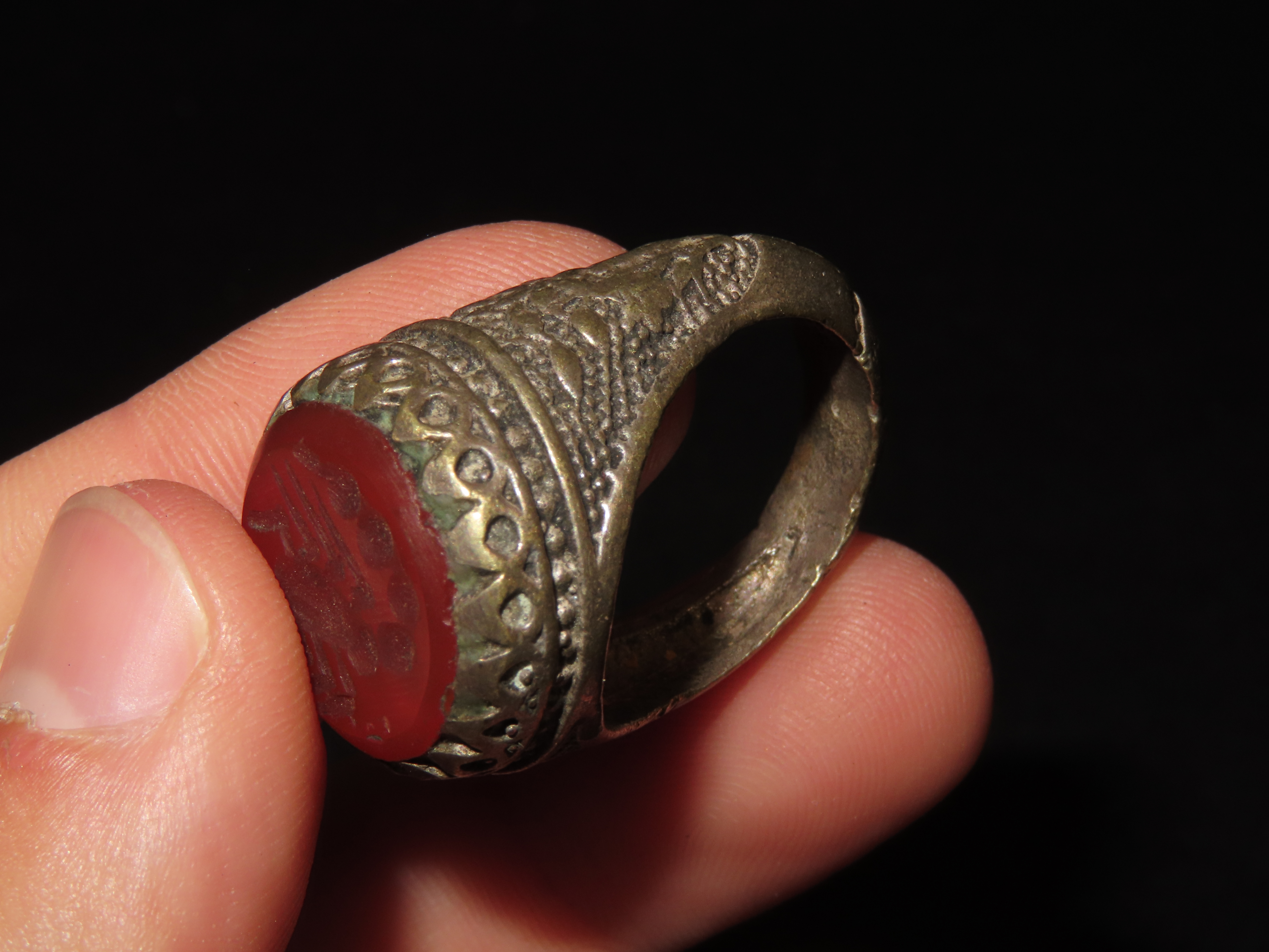 Nice Roman Viking Engraved Intaglio Seal Ring, Bronze with Stone Intaglio Inset.
