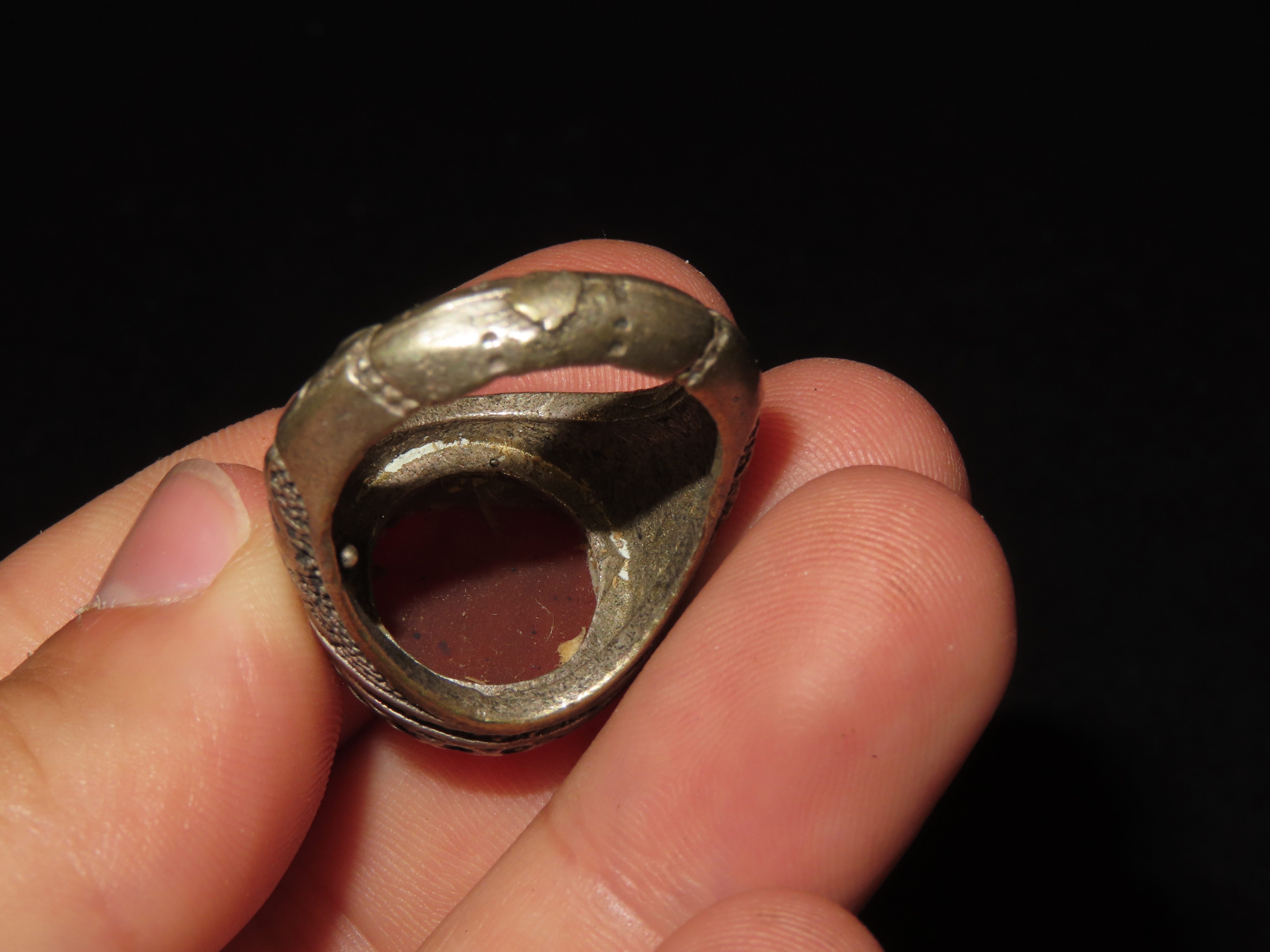 Nice Roman Viking Engraved Intaglio Seal Ring, Bronze with Stone Intaglio Inset.