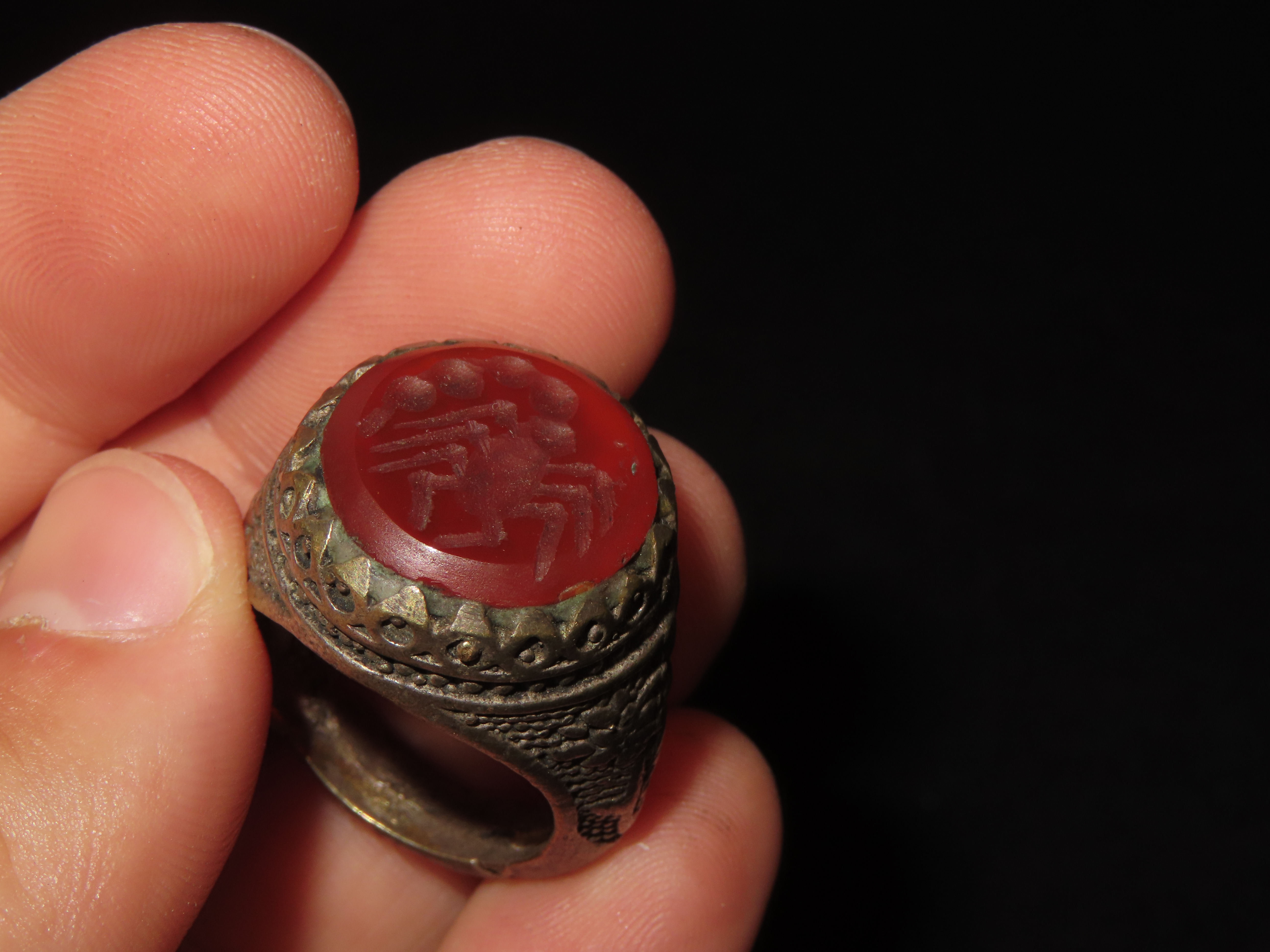 Nice Roman Viking Engraved Intaglio Seal Ring, Bronze with Stone Intaglio Inset.