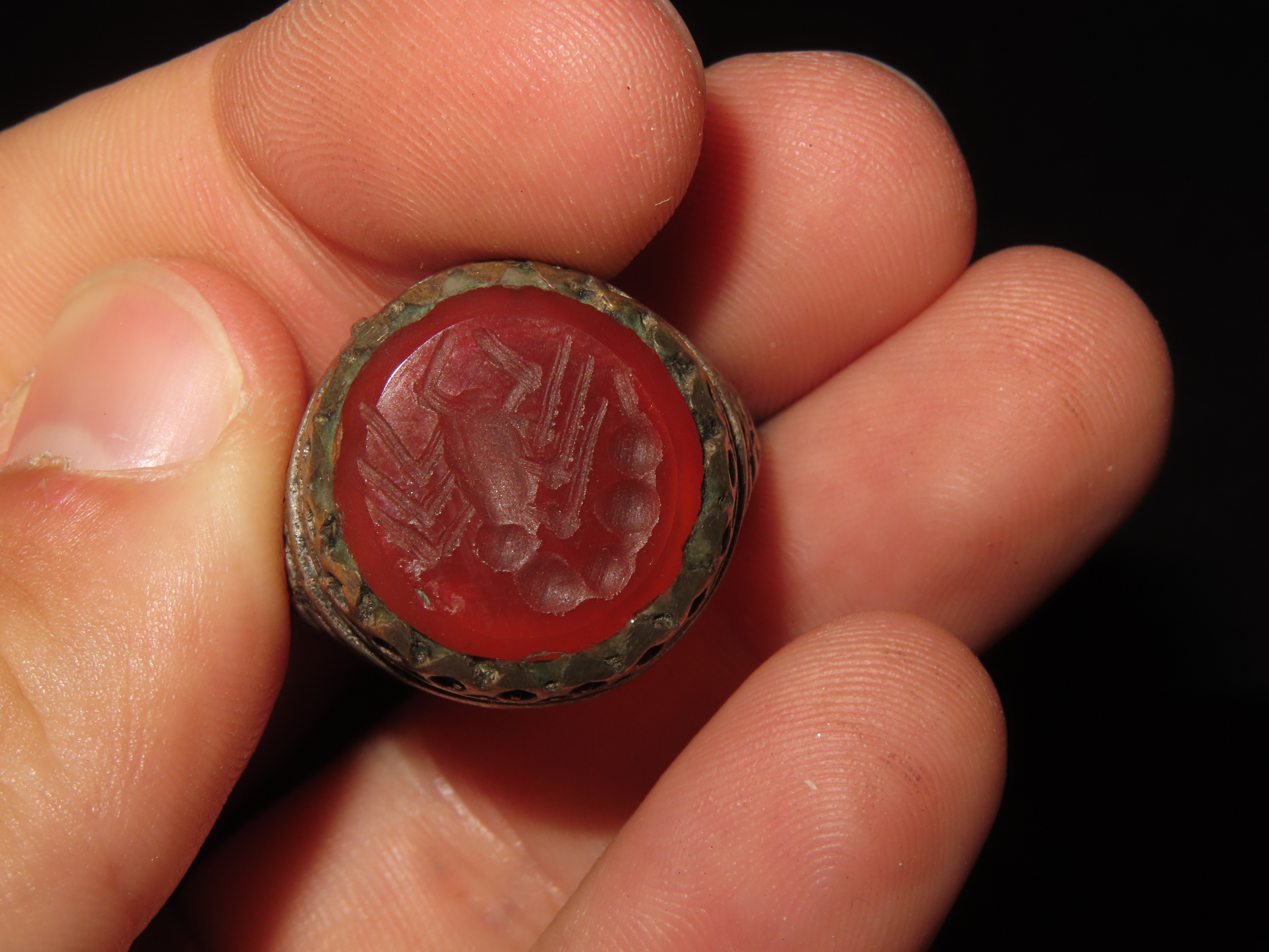 Nice Roman Viking Engraved Intaglio Seal Ring, Bronze with Stone Intaglio Inset.