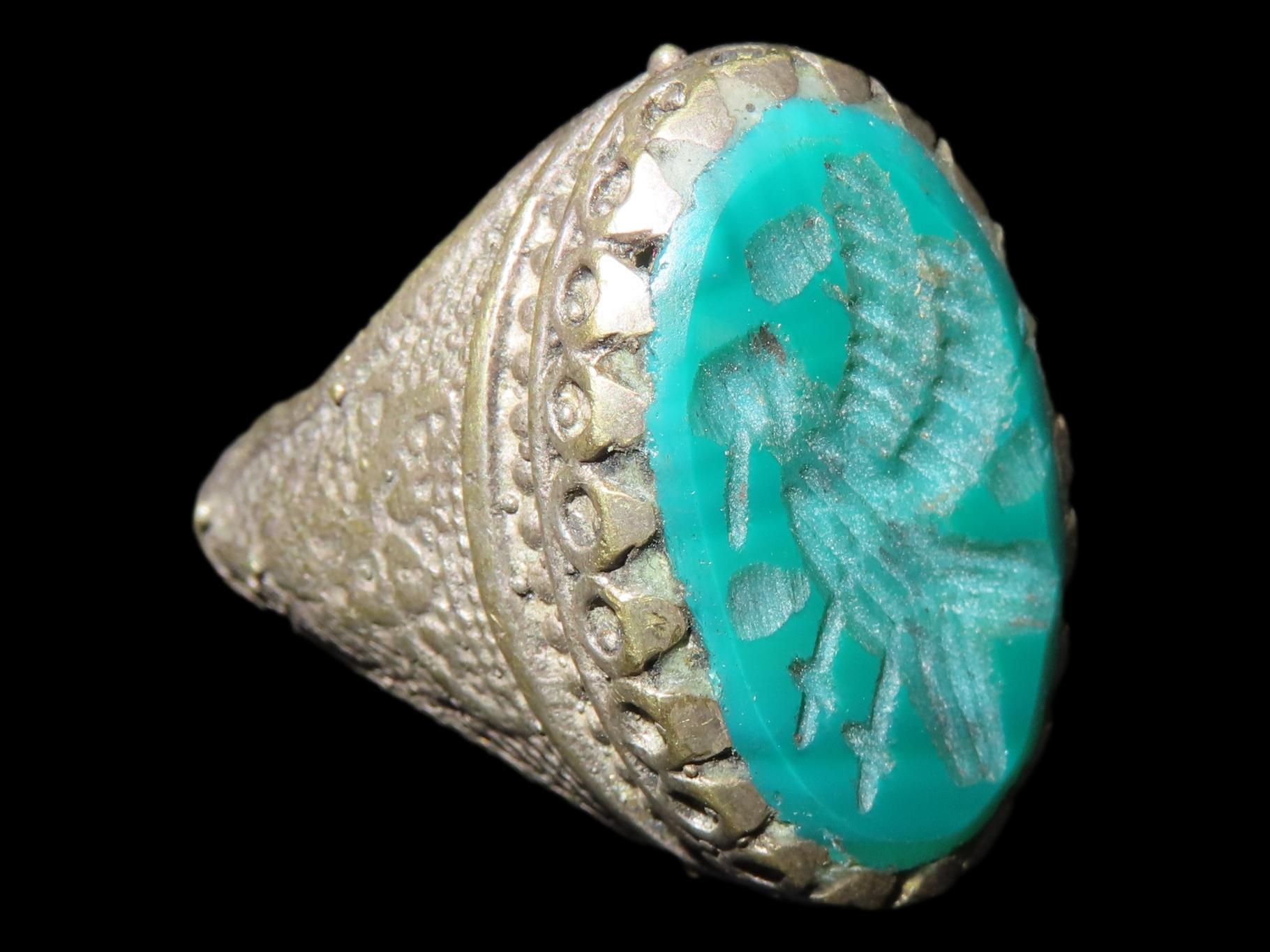Nice Roman Viking Engraved Intaglio Seal Ring, Bronze with Stone Intaglio Inset.