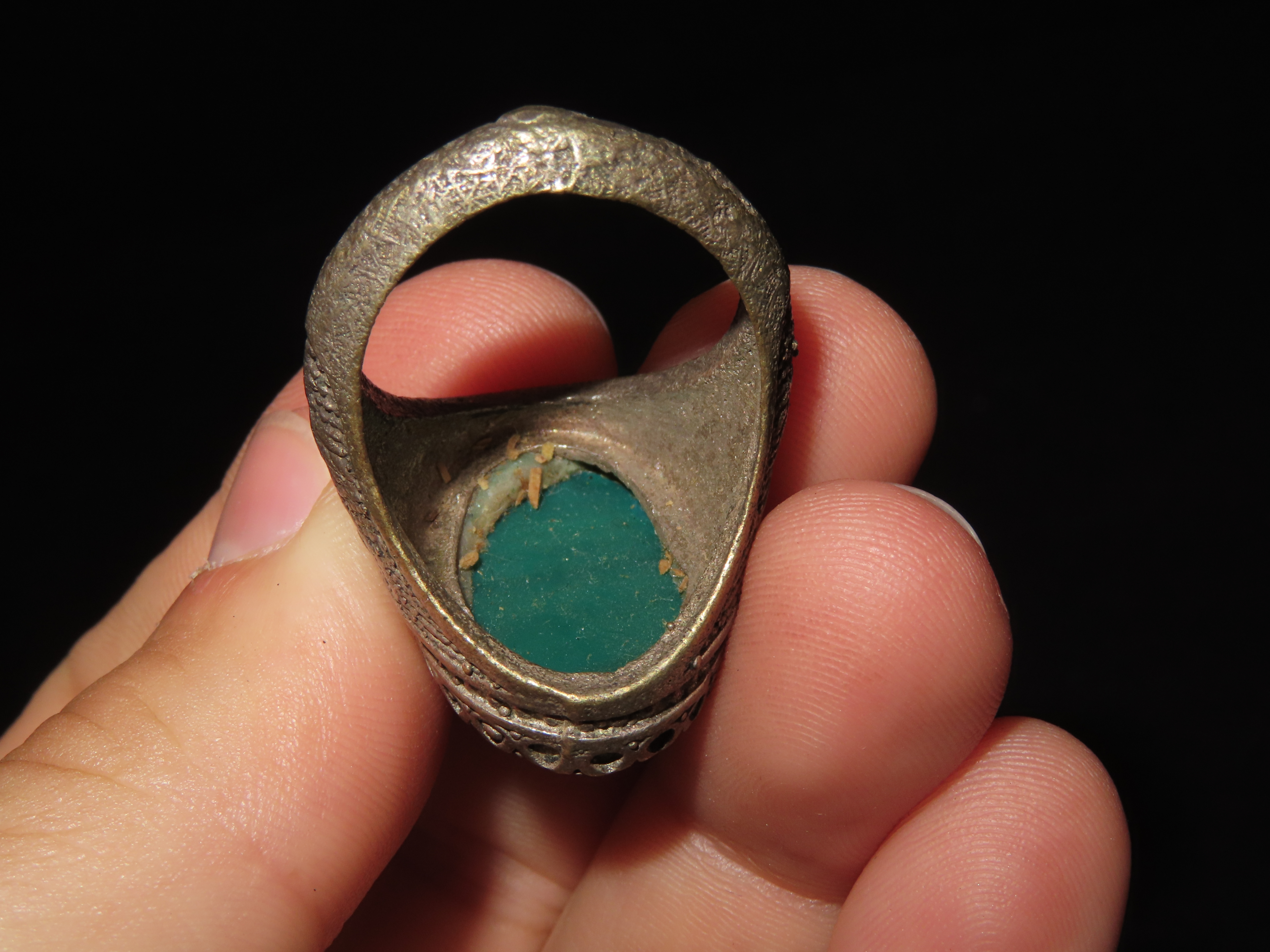 Nice Roman Viking Engraved Intaglio Seal Ring, Bronze with Stone Intaglio Inset.
