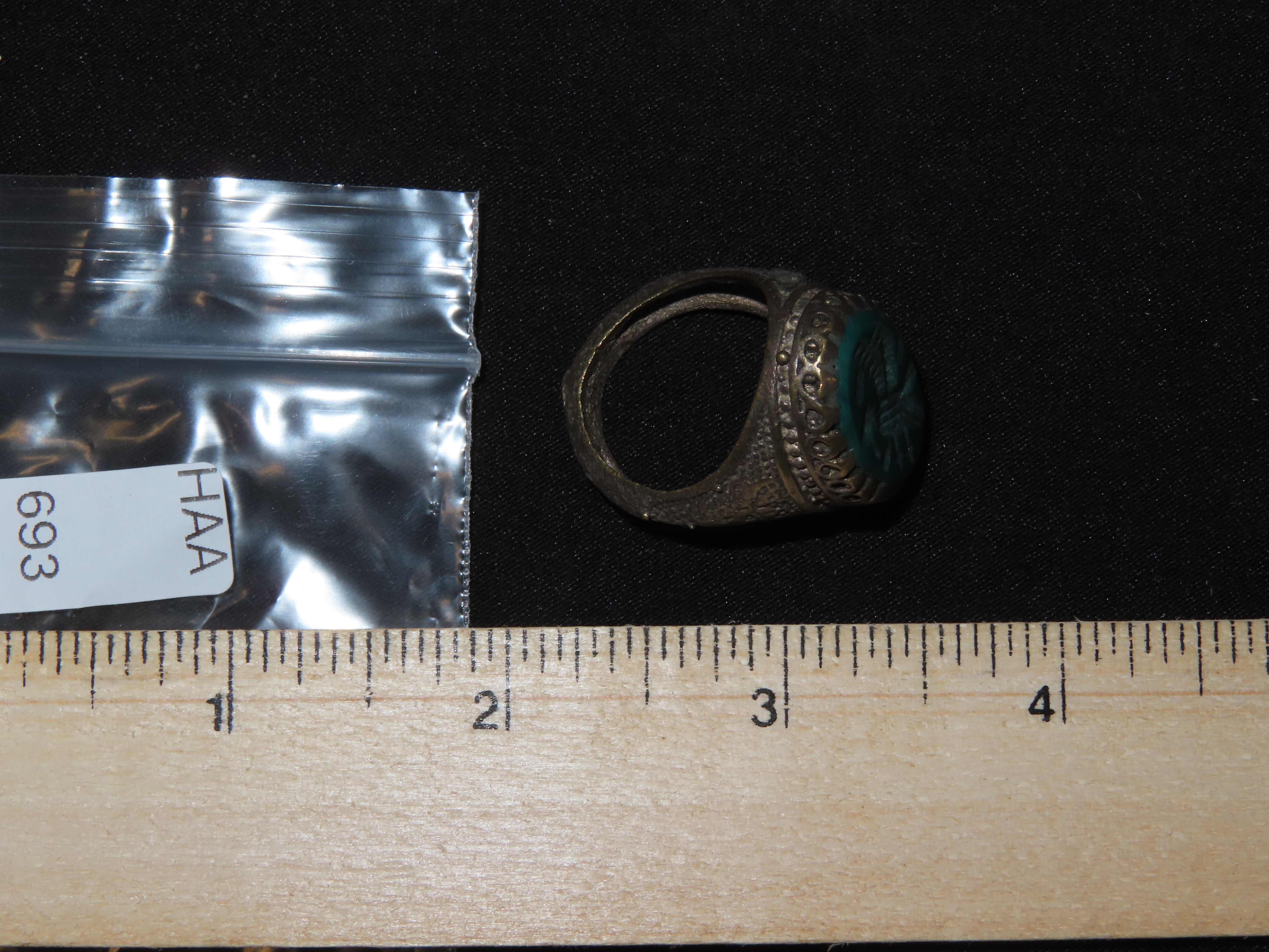 Nice Roman Viking Engraved Intaglio Seal Ring, Bronze with Stone Intaglio Inset.