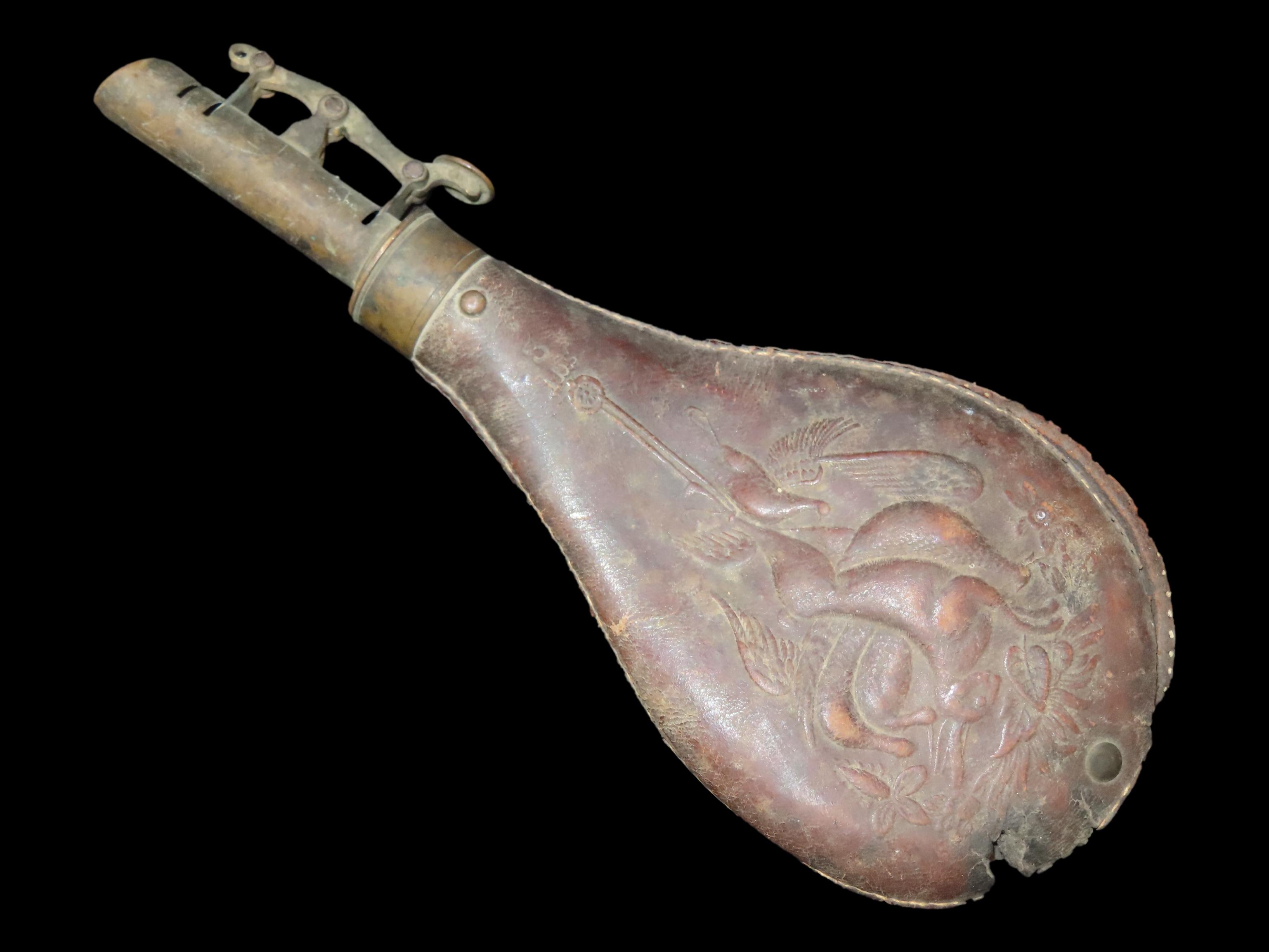 Nice Civil War Era Powder Flask, Nicely Decorated. Very Elaborate Design, Great Age & patina.